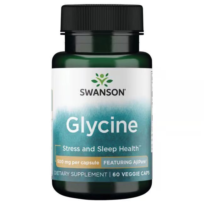 Flacon vert foncé avec bouchon noir. Inscription: SWANSON Glycine, 500 mg par capsule, 60 gélules végétales.
