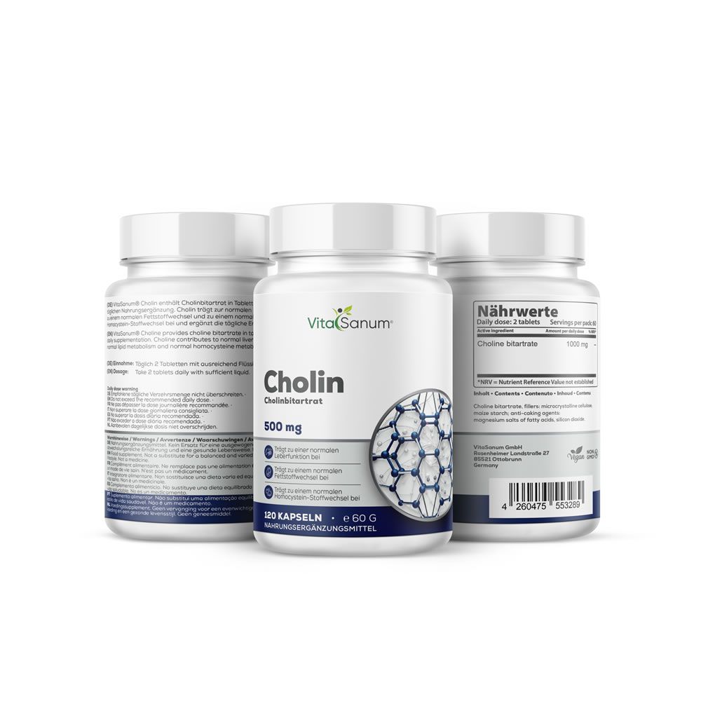 Trois flacons blancs avec étiquettes. L'un porte "VitaSanum Cholin". Inscription : 120 gélules, 500 mg de bitartrate de choline.