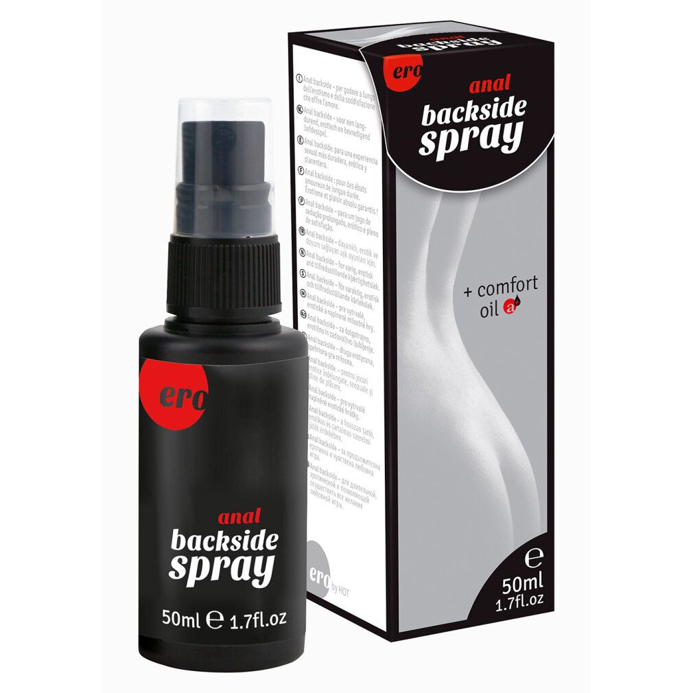 Zwarte spuitfles Ero Anal Backside Spray, 50ml. Daarnaast de verpakking met afbeelding van billen.