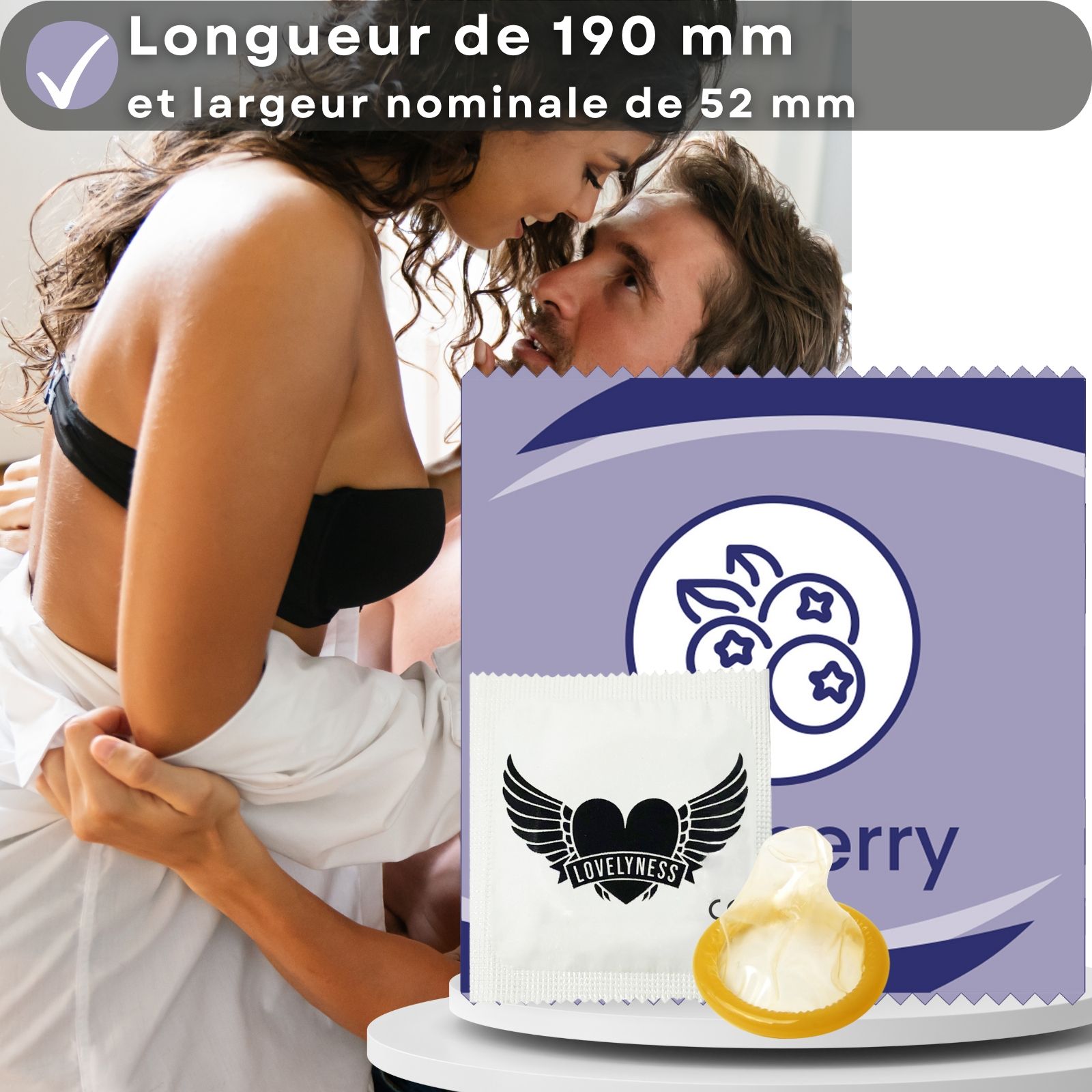 Préservatifs saveur myrtille, longueur 190 mm, largeur nominale 52 mm. Lubrifiant supplémentaire.