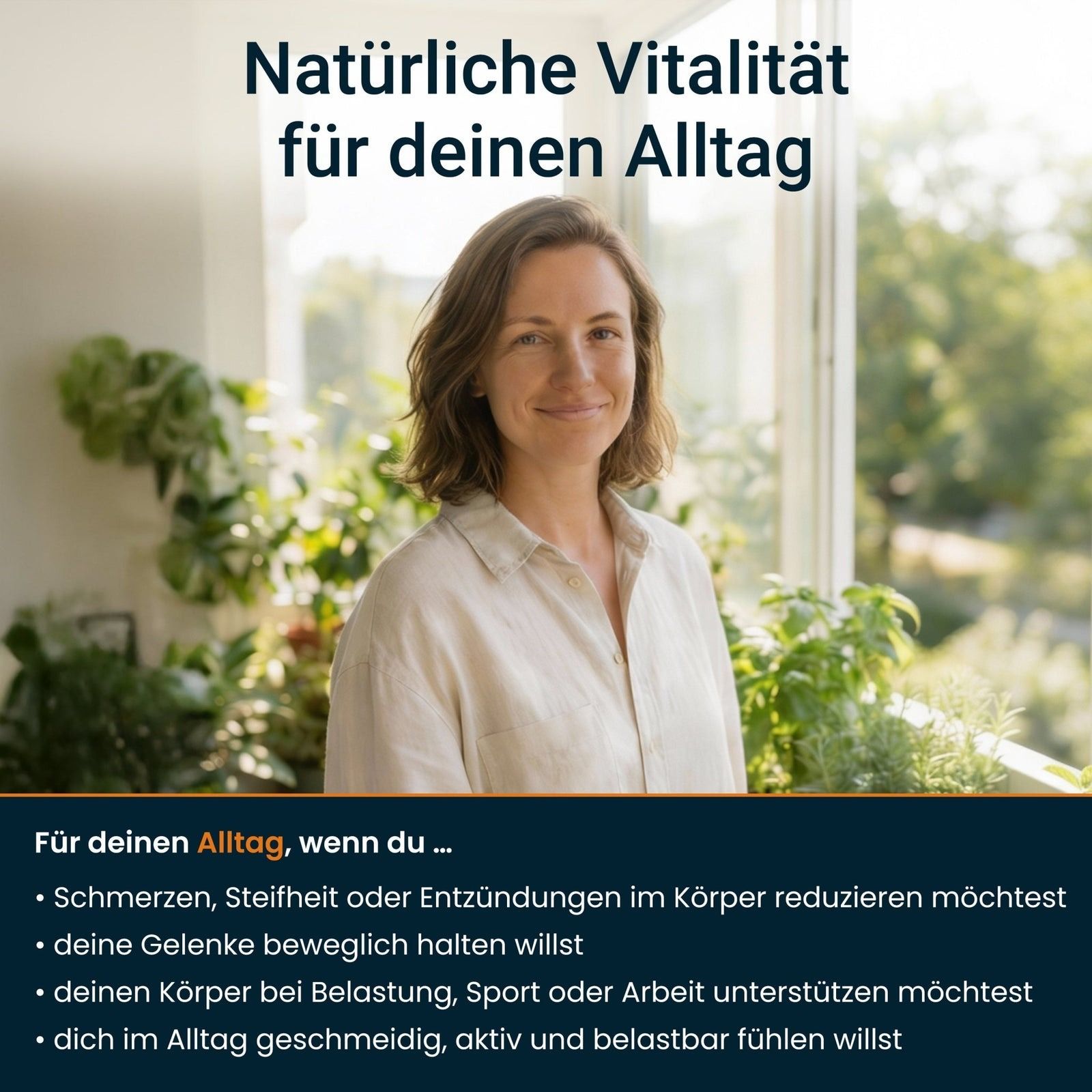 Femme souriante devant une fenêtre avec des plantes. Texte : Vitalité naturelle pour votre quotidien. Énumération des bienfaits pour le corps.