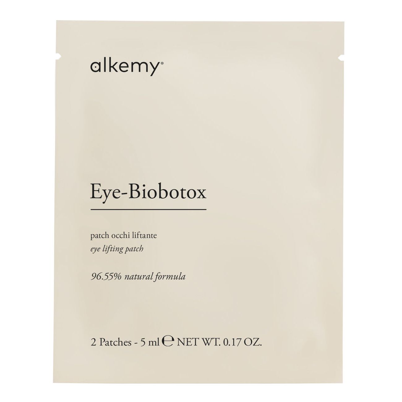 Avant d'un emballage Alkemy Eye-Biobotox Eye Patch avec informations sur le produit.
