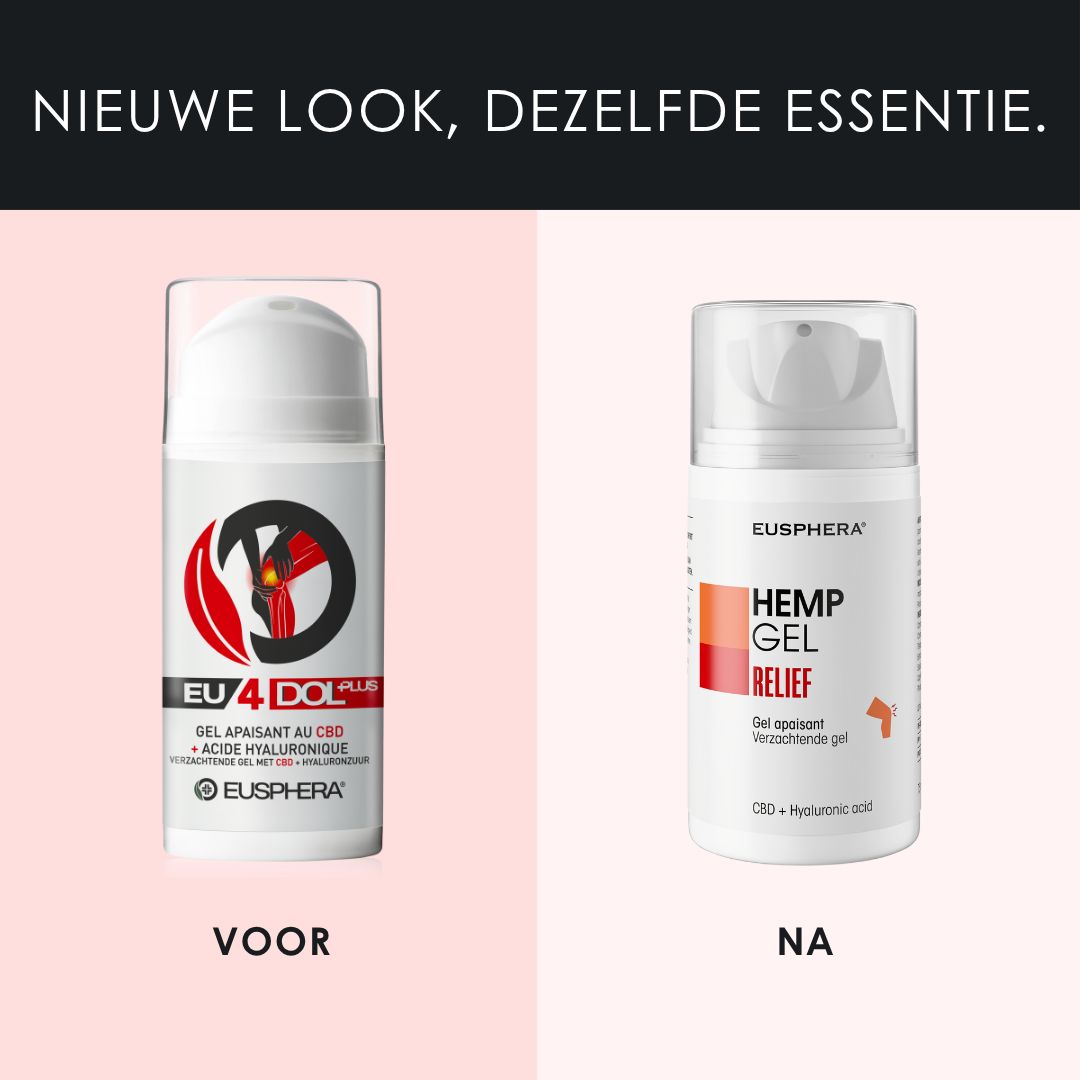 Twee gel-flessen. Tekst: NIEUWE LOOK, DEZELFDE ESSENTIE. Voor: EU4DOL. Na: HEMP GEL RELIEF.