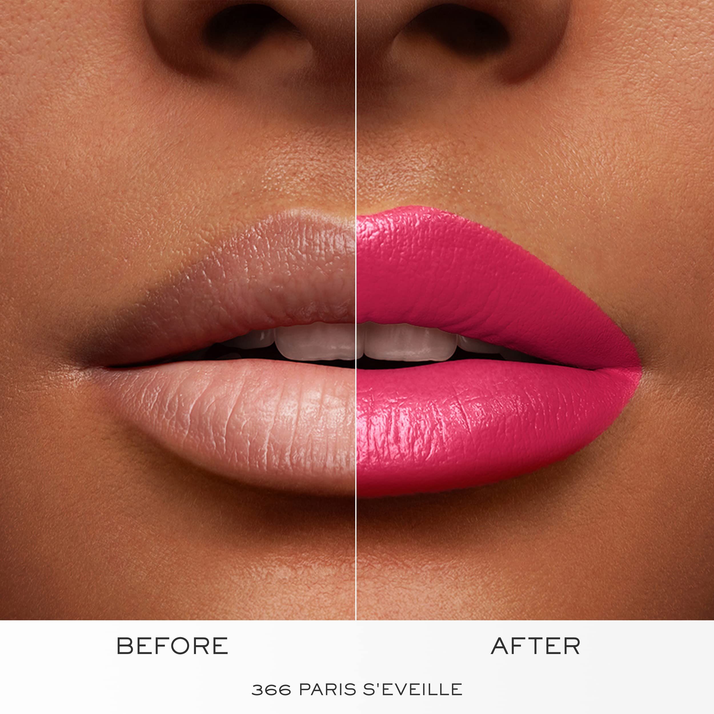 Lippen voor en na het aanbrengen van roze lipstick. Onderaan staat de tekst: 366 PARIS S'EVEILLE.