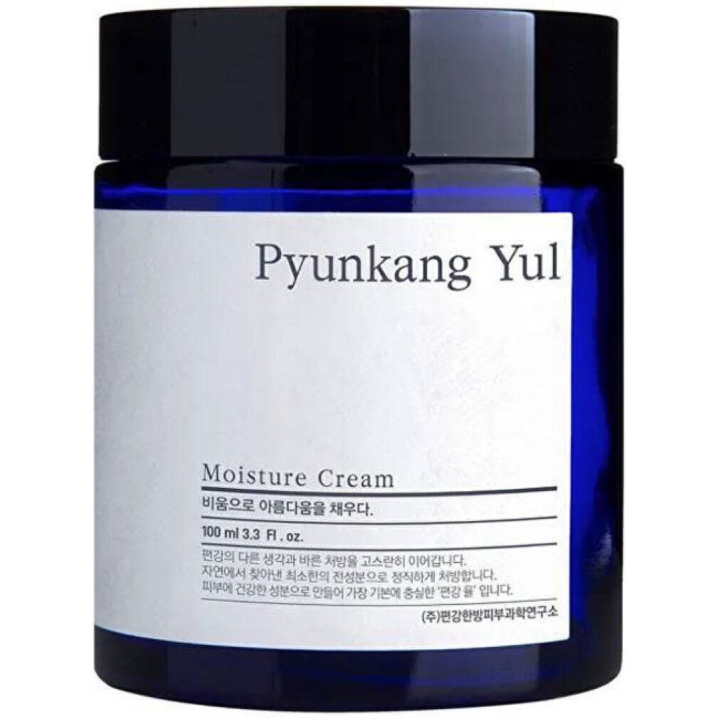 Crème hydratante Pyunkang Yul, pot en verre bleu avec couvercle noir et étiquette blanche.