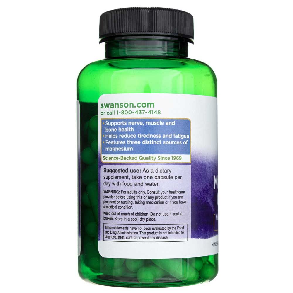 Arrière d'une bouteille Swanson Triple Magnesium Complex 400 mg, axé sur les instructions d'utilisation et les avertissements.