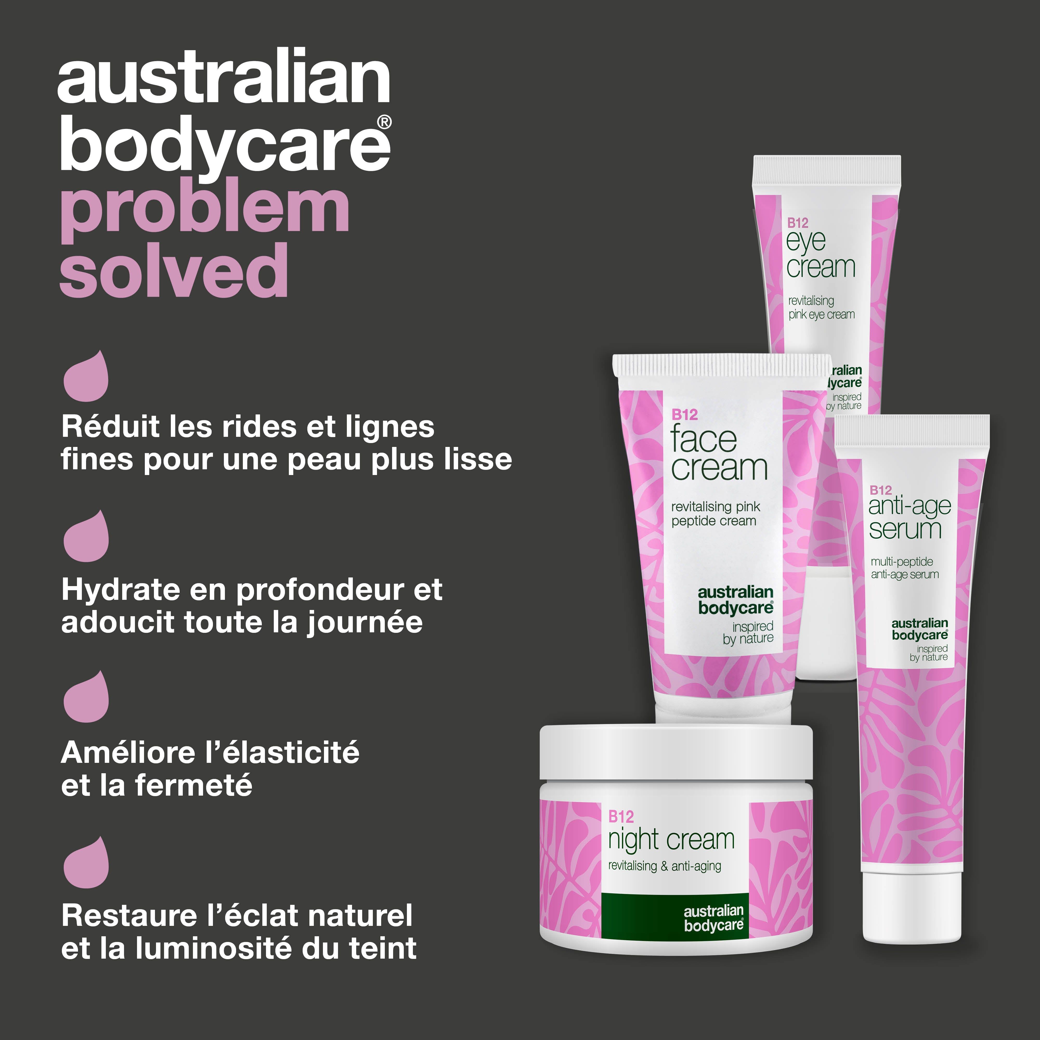 Produits avec texte : problème résolu. Réduit les rides, hydrate, améliore l'élasticité, restaure l'éclat.