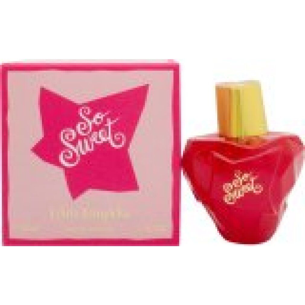 Boîte rose avec "So Sweet" et étoile. Flacon rouge en forme de cœur. Marque : Lolita Lempicka.