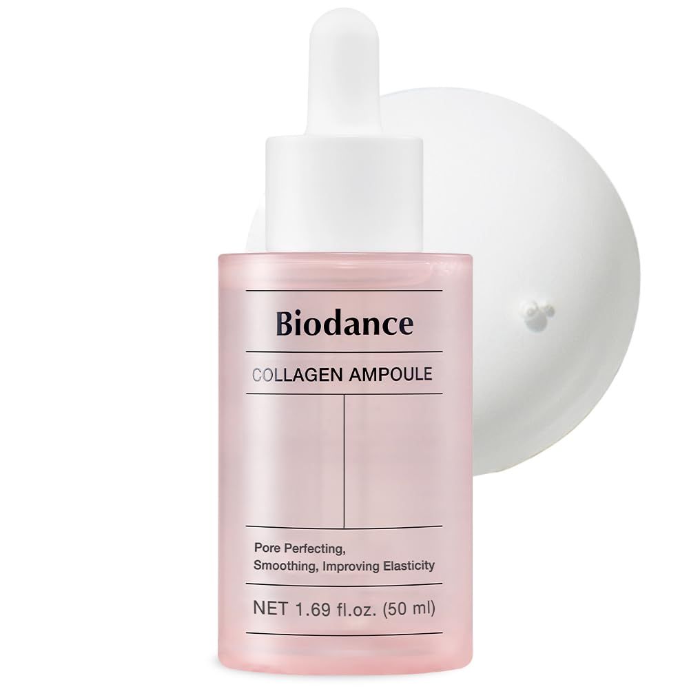 Roze fles met witte dop. Opschrift: Biodance Collagen Ampoule. Bevat 50 ml.