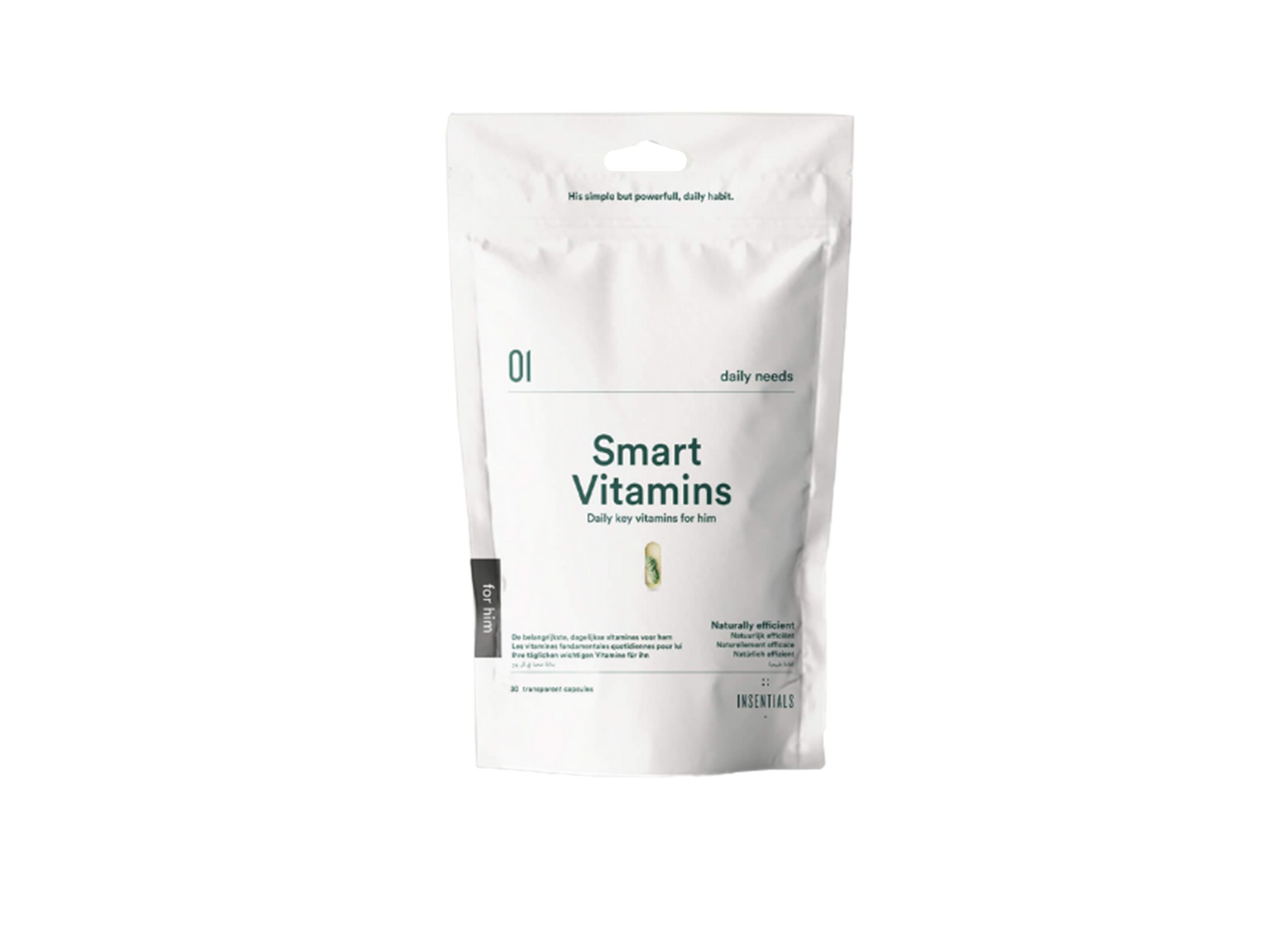 Sachet de "Smart Vitamins" pour lui. Blanc, avec texte vert. Contient des informations sur les ingrédients et les certifications.