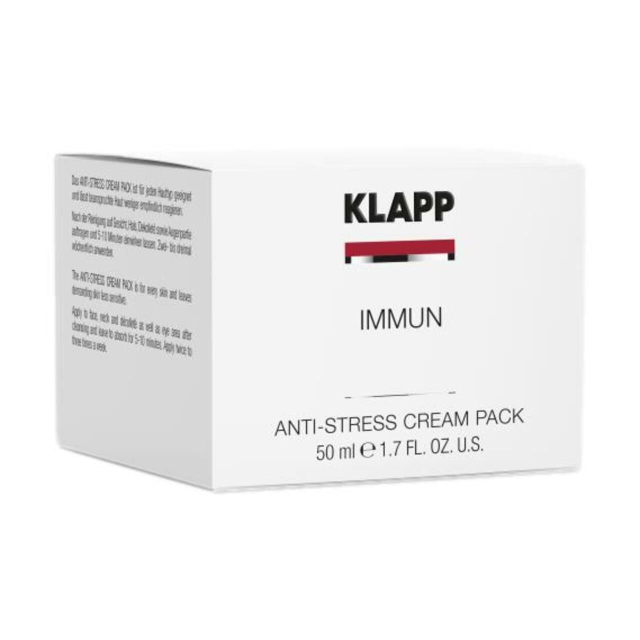Witte kartonnen verpakking met tekst KLAPP, IMMUN, Anti-Stress Cream Pack. Tekst in het Duits en Engels. 50 ml.