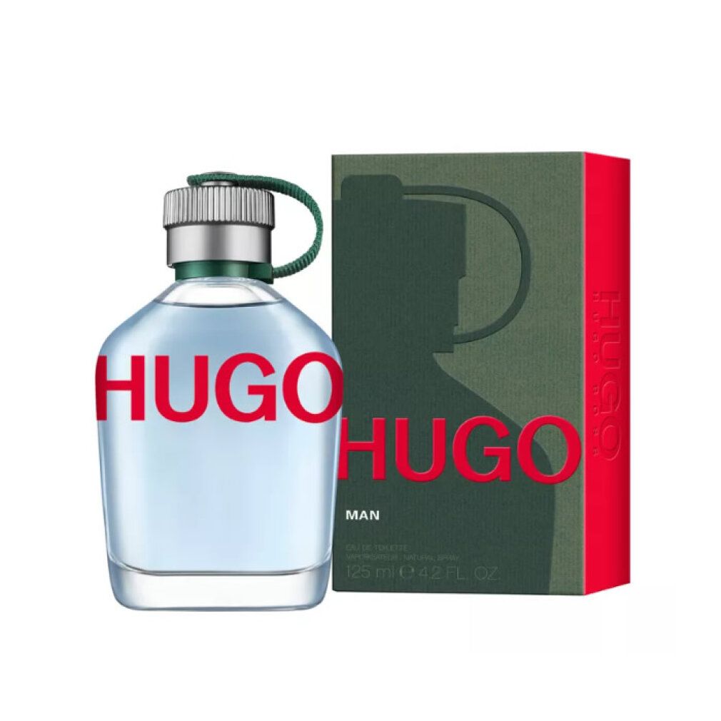 Flacon de parfum et emballage. Flacon avec le mot HUGO en rouge. Emballage avec les mots HUGO et MAN.