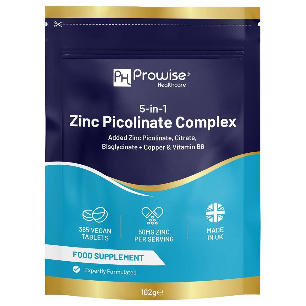 Zakje voedingssupplement. Opschrift: Prowise Healthcare, 5-in-1 Zink Picolinaat Complex. Bevat 365 veganistische tabletten, 50mg zink per portie. Gemaakt in UK.