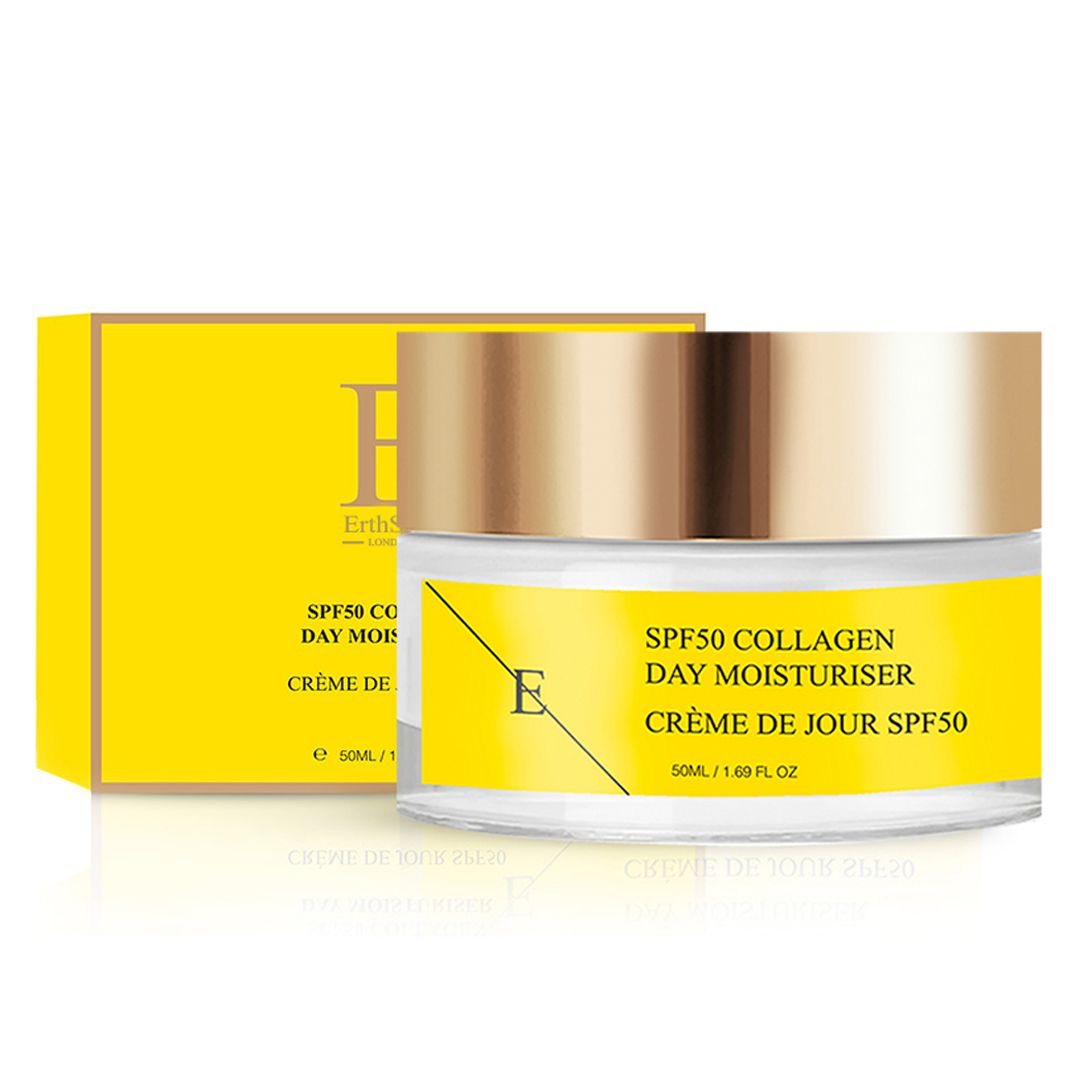 Pot de crème et boîte. Étiquette jaune avec texte: SPF50 Collagen Day Moisturiser, Crème de Jour SPF50. Inscription sur la boîte.