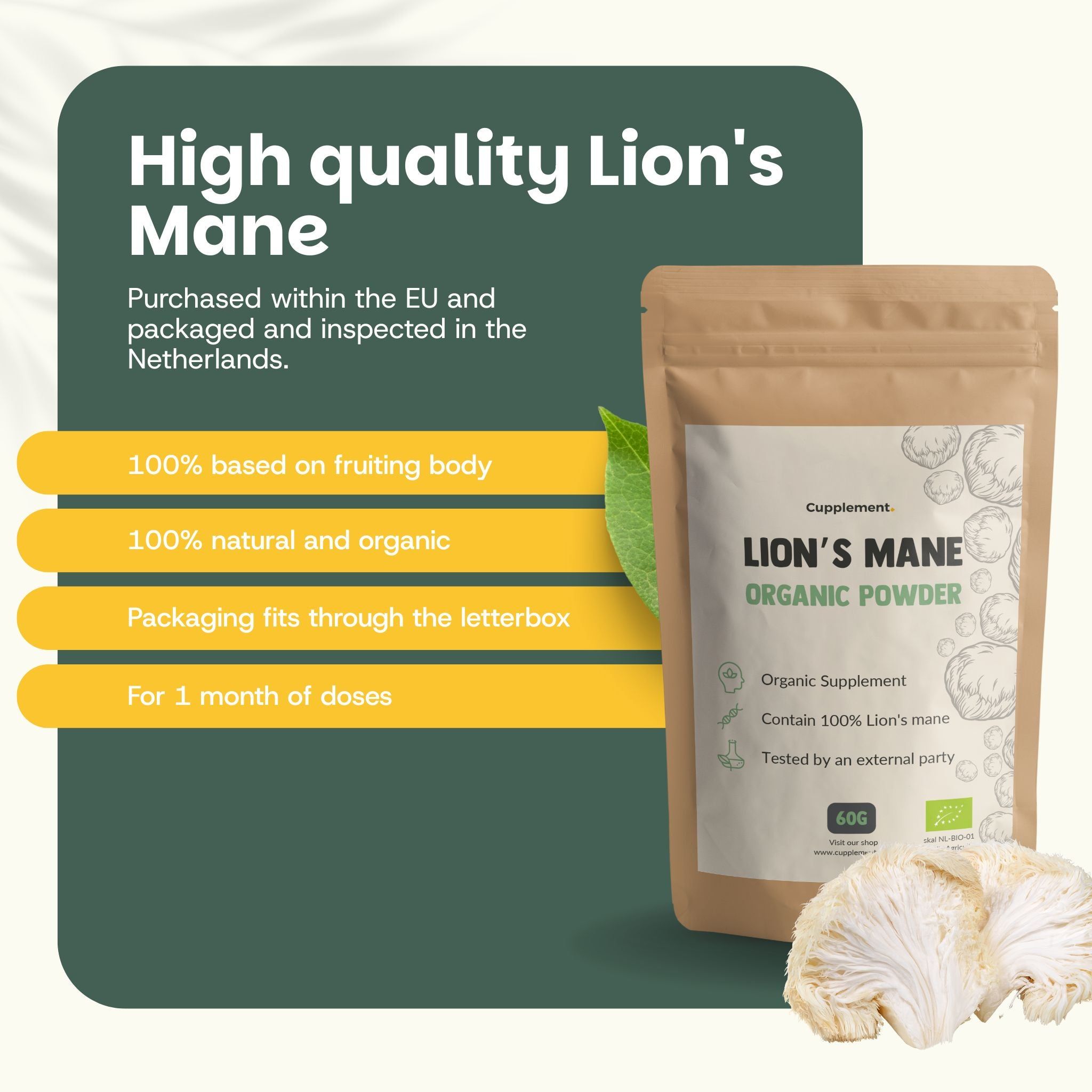 Sachet de poudre de crinière de lion. Emballage marron avec étiquette blanche. Texte : LION'S MANE ORGANIC POWDER. 100% naturel et biologique.