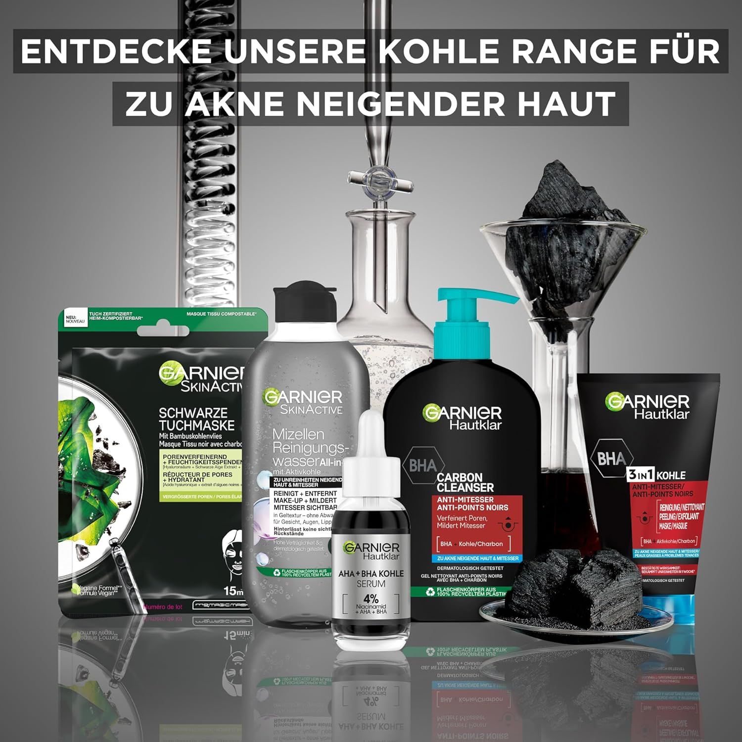 Divers produits Garnier Hautklar. Masque noir, eau micellaire, sérum, gel lavant, charbon. Inscription : Garnier.