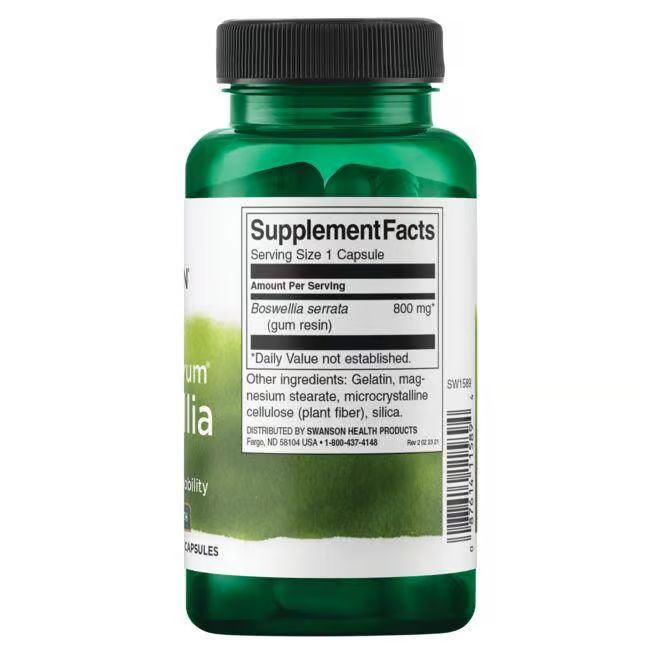 Dos d'un flacon vert. Étiquette avec informations nutritionnelles: Boswellia serrata 800 mg.