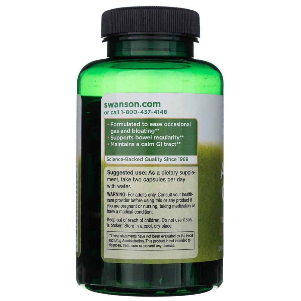 Achterkant van een groene fles Swanson Actieve Kool met gebruiksinstructies en productvoordelen.