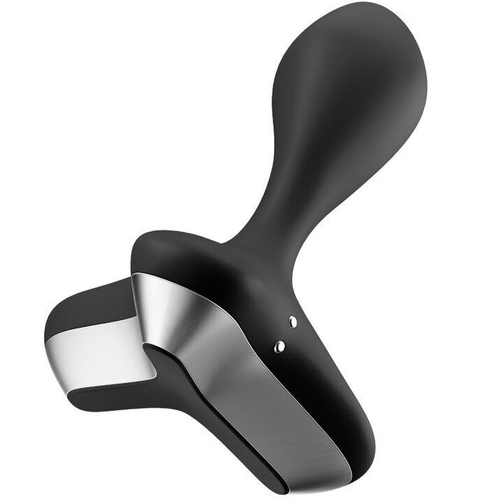 Vibrateur anal noir, gros plan. Pointe ovale, base argentée. Deux petits points. Forme ergonomique. Surface lisse.