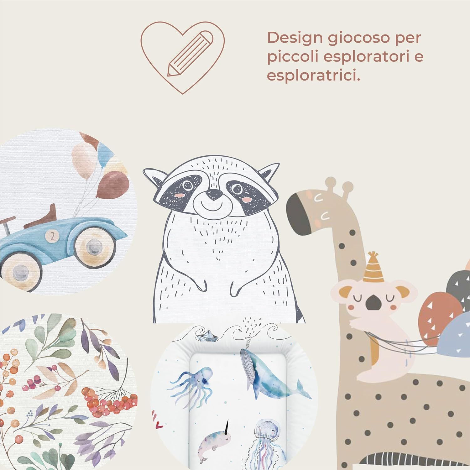 Illustraties van speelgoed en dieren: auto, wasbeer, giraf, koala, onderwaterwereld. Speels design.