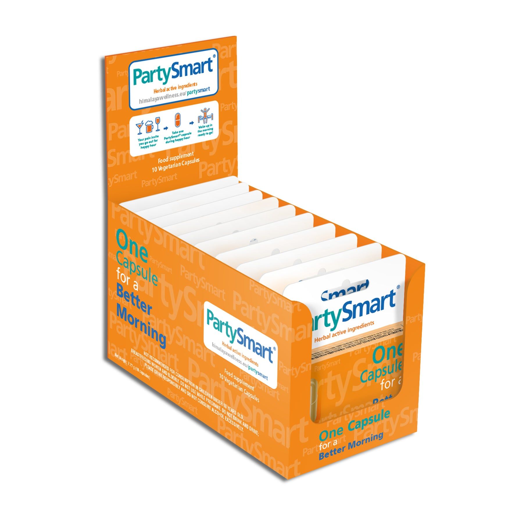 Oranje displaydoos met Himalaya PartySmart verpakkingen. Opschrift: PartySmart, One Capsule for a Better Morning.