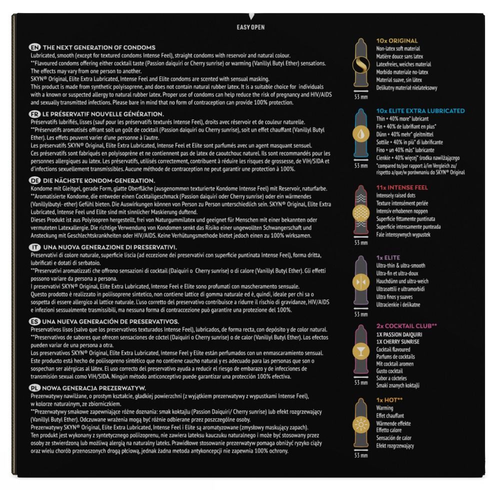 Tekstpagina met productinfo over SKYN condooms. Details van verschillende varianten.