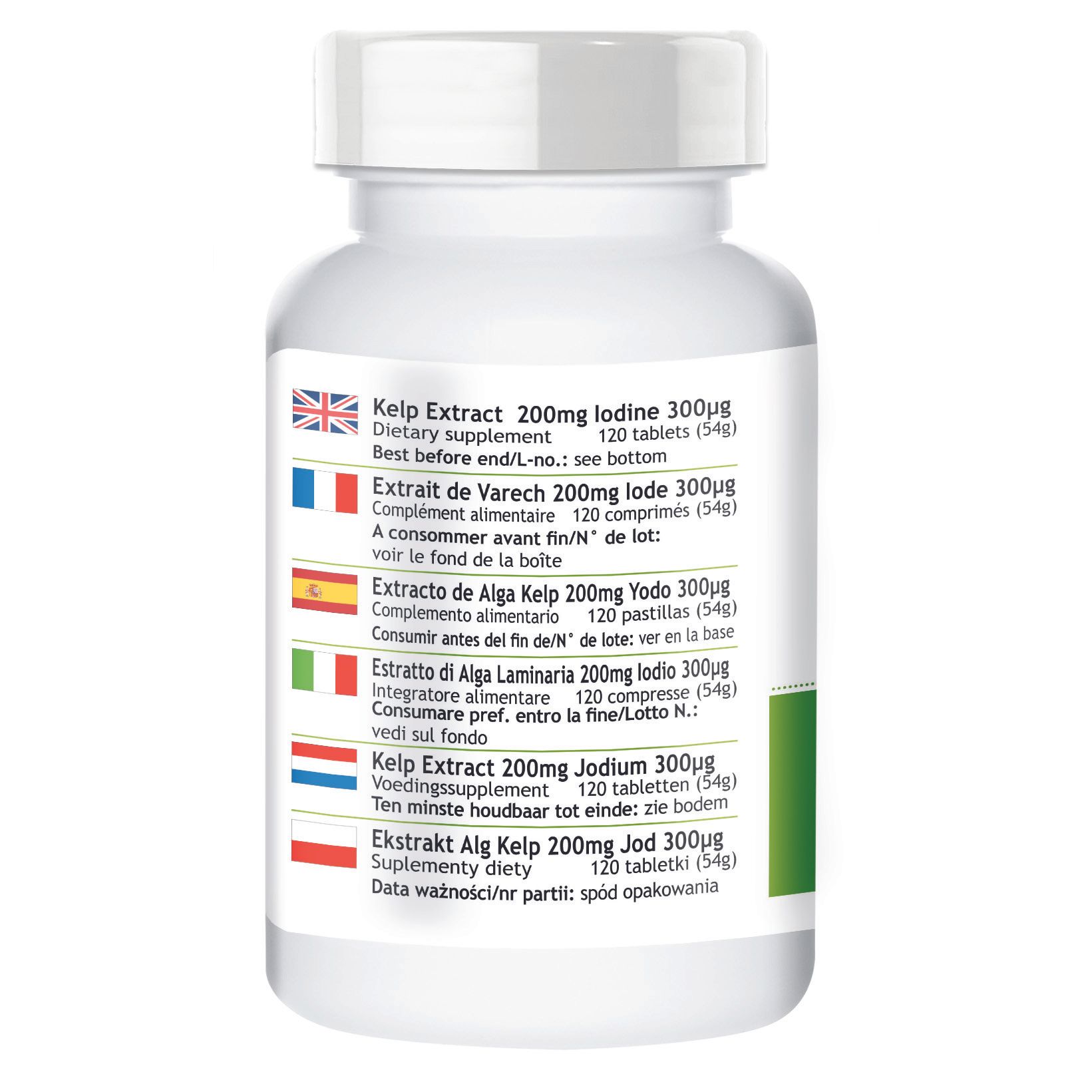 Dos de la bouteille de pilules. Informations multilingues sur les ingrédients et le dosage. Contient 120 comprimés. Date de péremption.