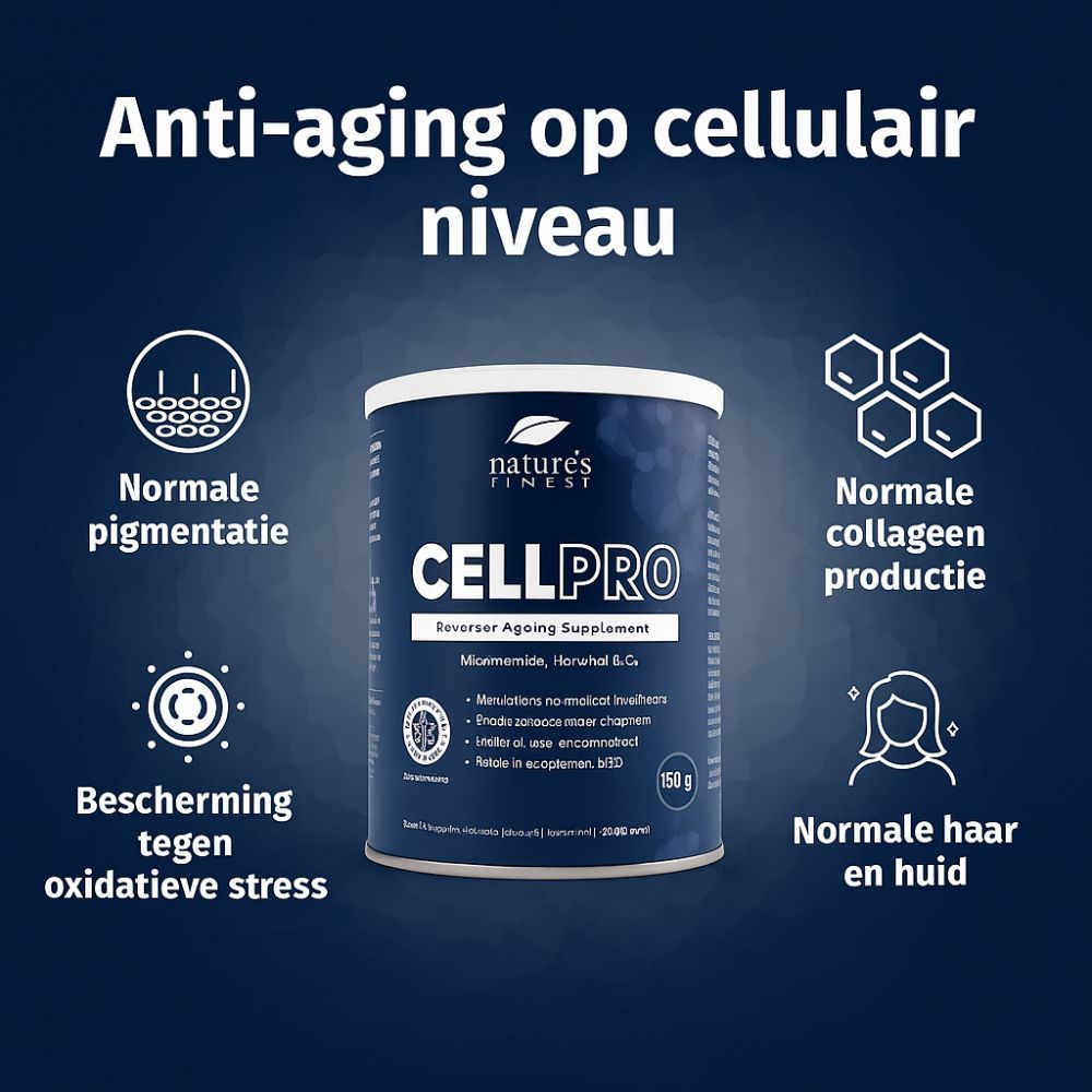 Blauwe CELL PRO-pot. Opschrift CELL PRO, Reverse Ageing Supplement. 150g. Tekst: Anti-aging op cellulair niveau.