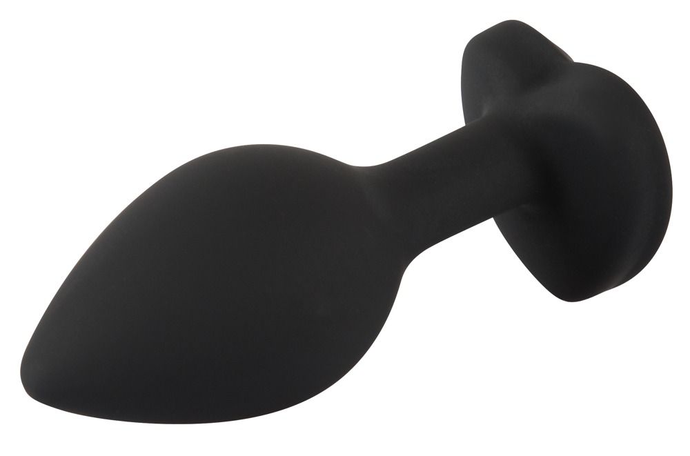 Zwarte siliconen butt plug met hartvormige strass steen, zijaanzicht.