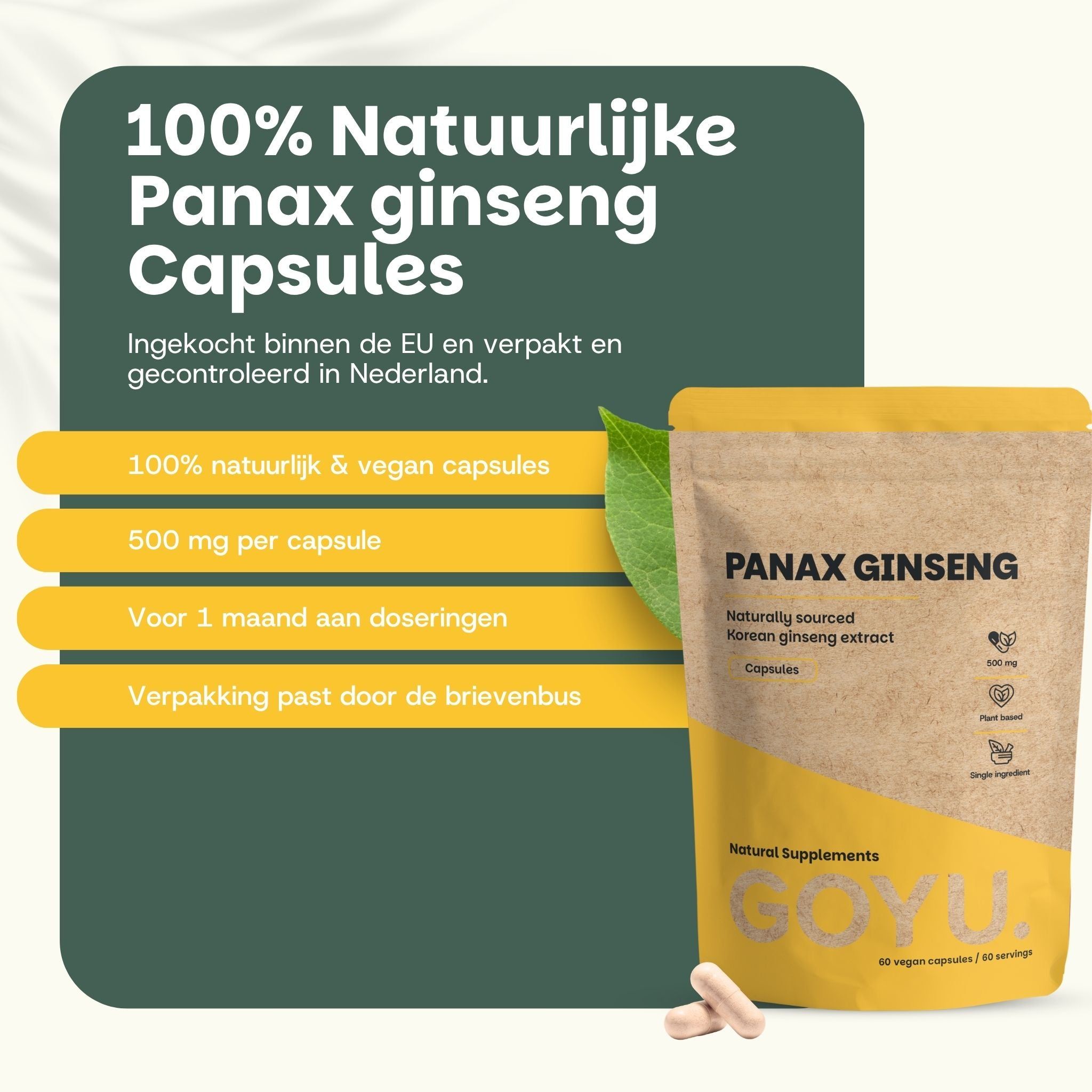Bruine papieren zak met Panax Ginseng capsules. 100% natuurlijk, vegan, 500 mg. Past door de brievenbus.