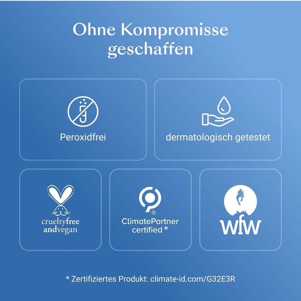Blauwe achtergrond met logo's en tekst. Tekst: Peroxidevrij, dermatologisch getest, veganistisch.