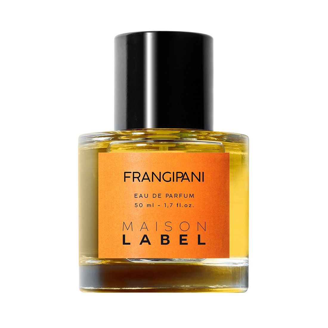 Flacon de parfum avec bouchon noir. Inscription : Frangipani, Eau de Parfum, Maison Label.