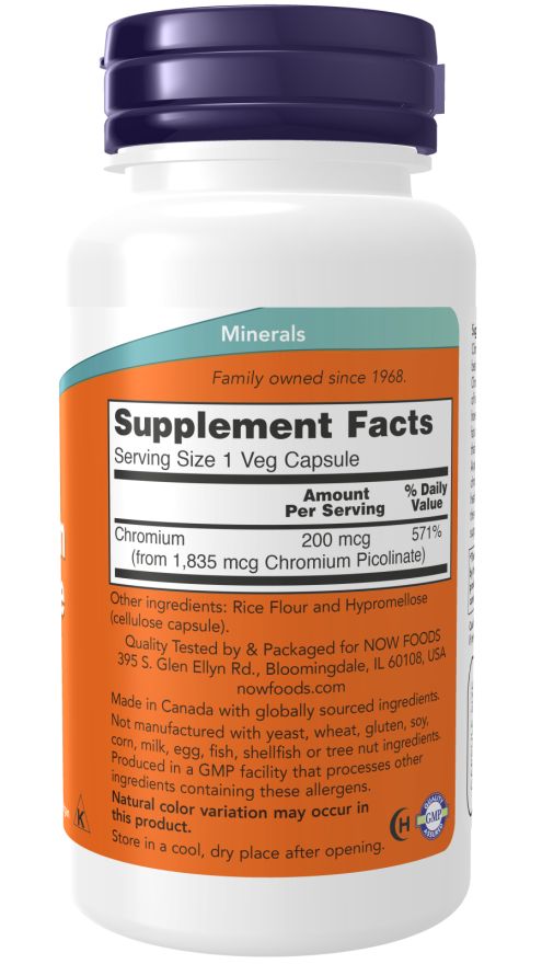 Achterkant fles. NOW FOODS. Voedingsfeiten. 200 mcg Chroom. Ingrediënten. Gemaakt in Canada.