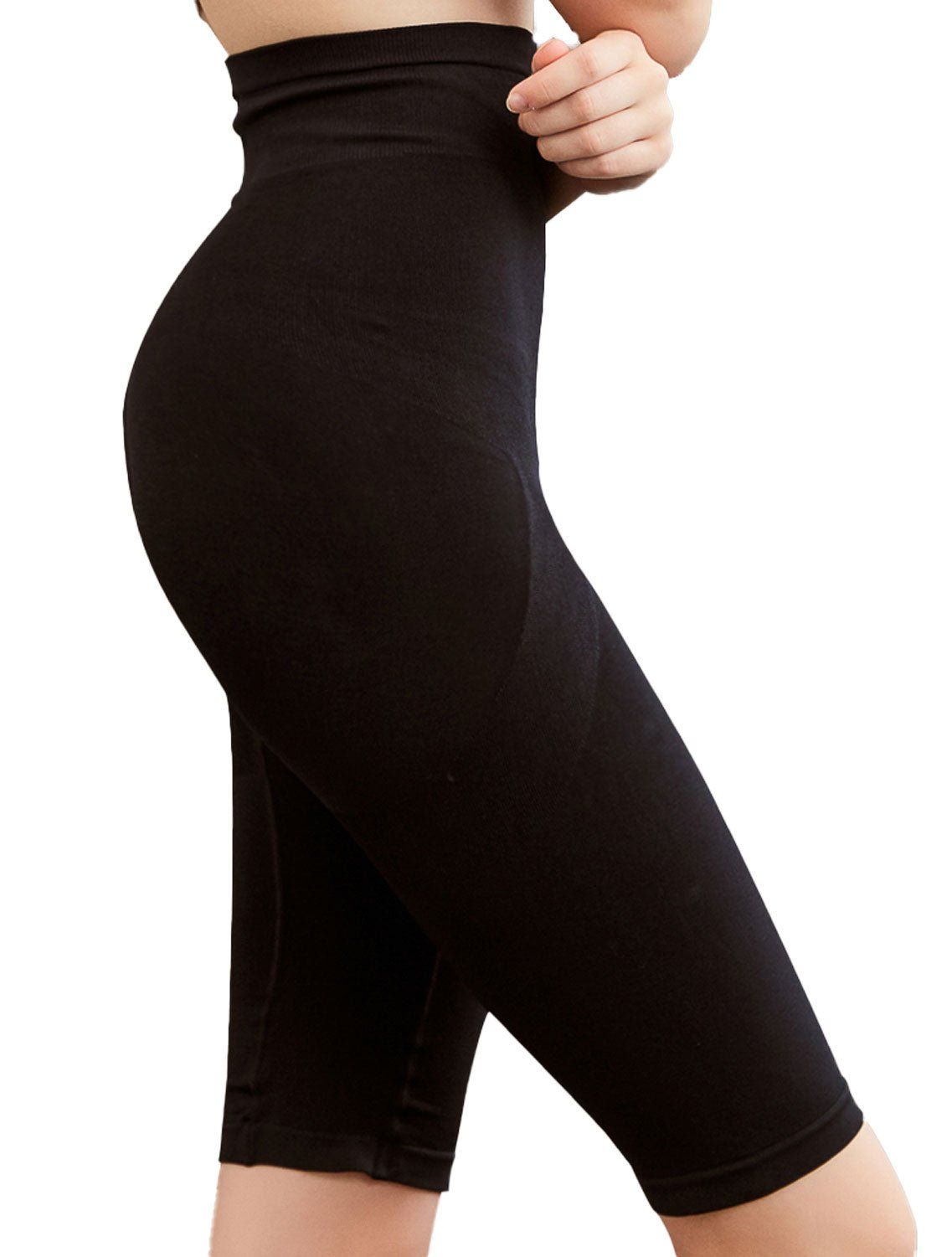 Zwarte, figuurcorrigerende shorts. Hoge taille, gestructureerde zones op de dijen. Zijaanzicht.