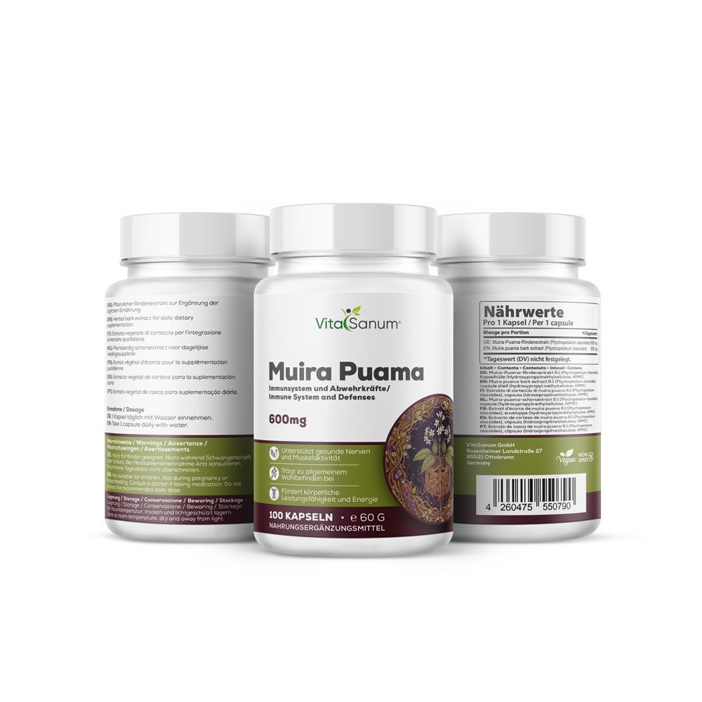 Trois flacons de gélules VitaSanum® Muira Puama. Flacons blancs avec étiquettes. 600mg, 100 gélules. Informations et logo.