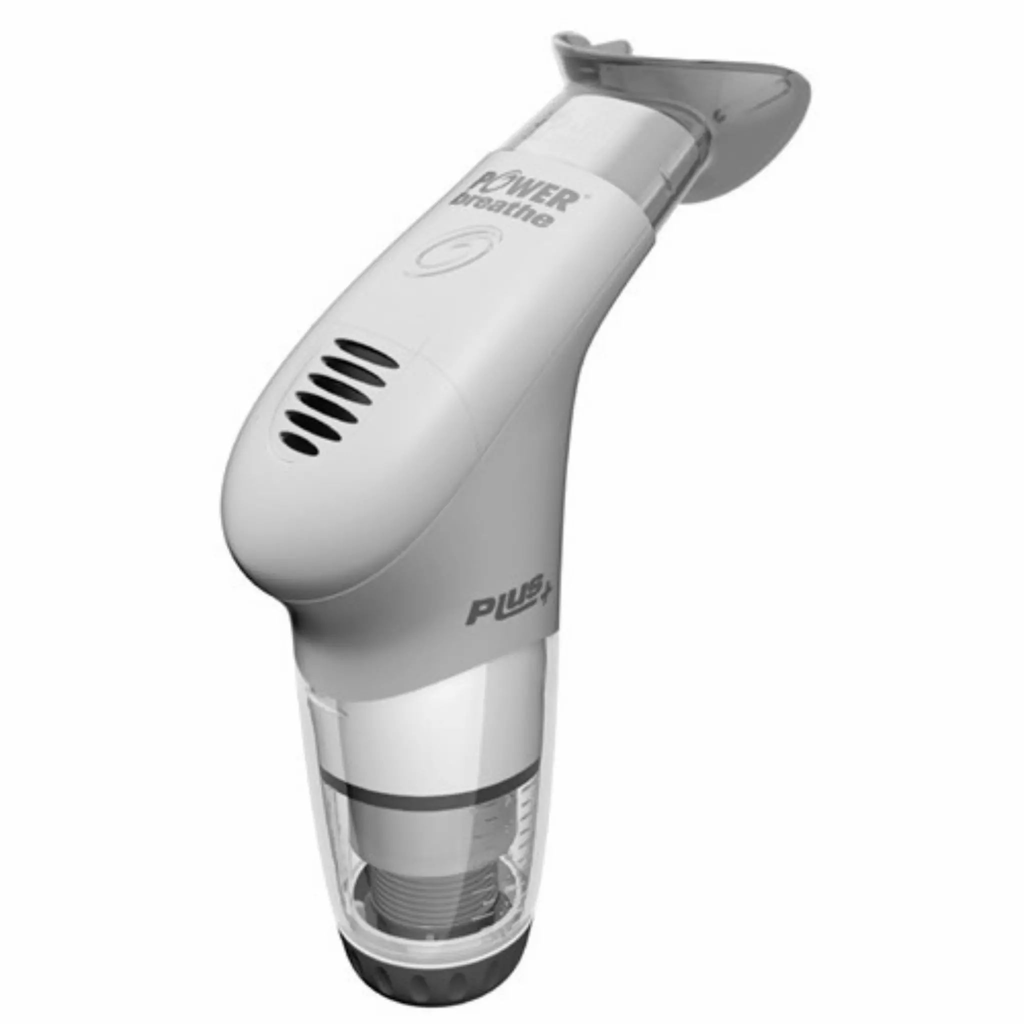 POWERbreathe Medic Plus ademhalingstrainer met mondstuk en transparante container.