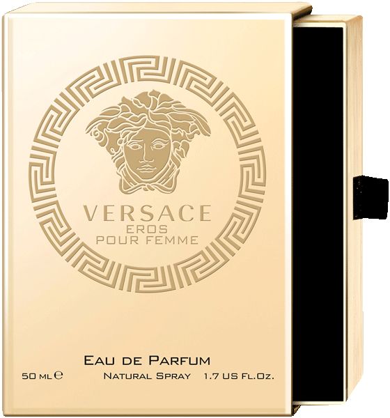 Versace Eros Pour Femme Eau de Parfum. Boîte dorée ouverte avec logo Méduse. Intérieur noir.