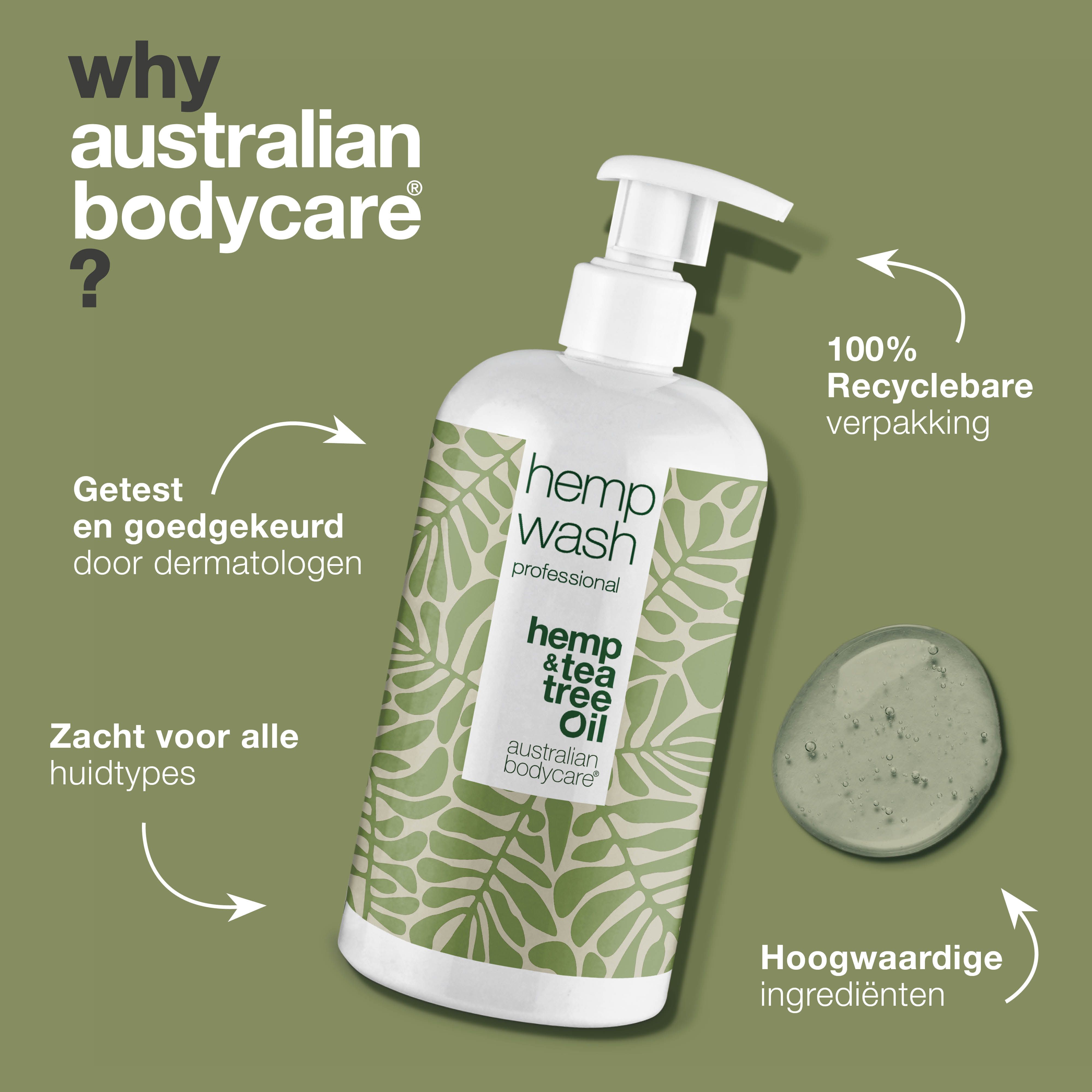 Product met tekst: Getest en goedgekeurd door dermatologen. Zacht voor alle huidtypes. 100% recyclebare verpakking.