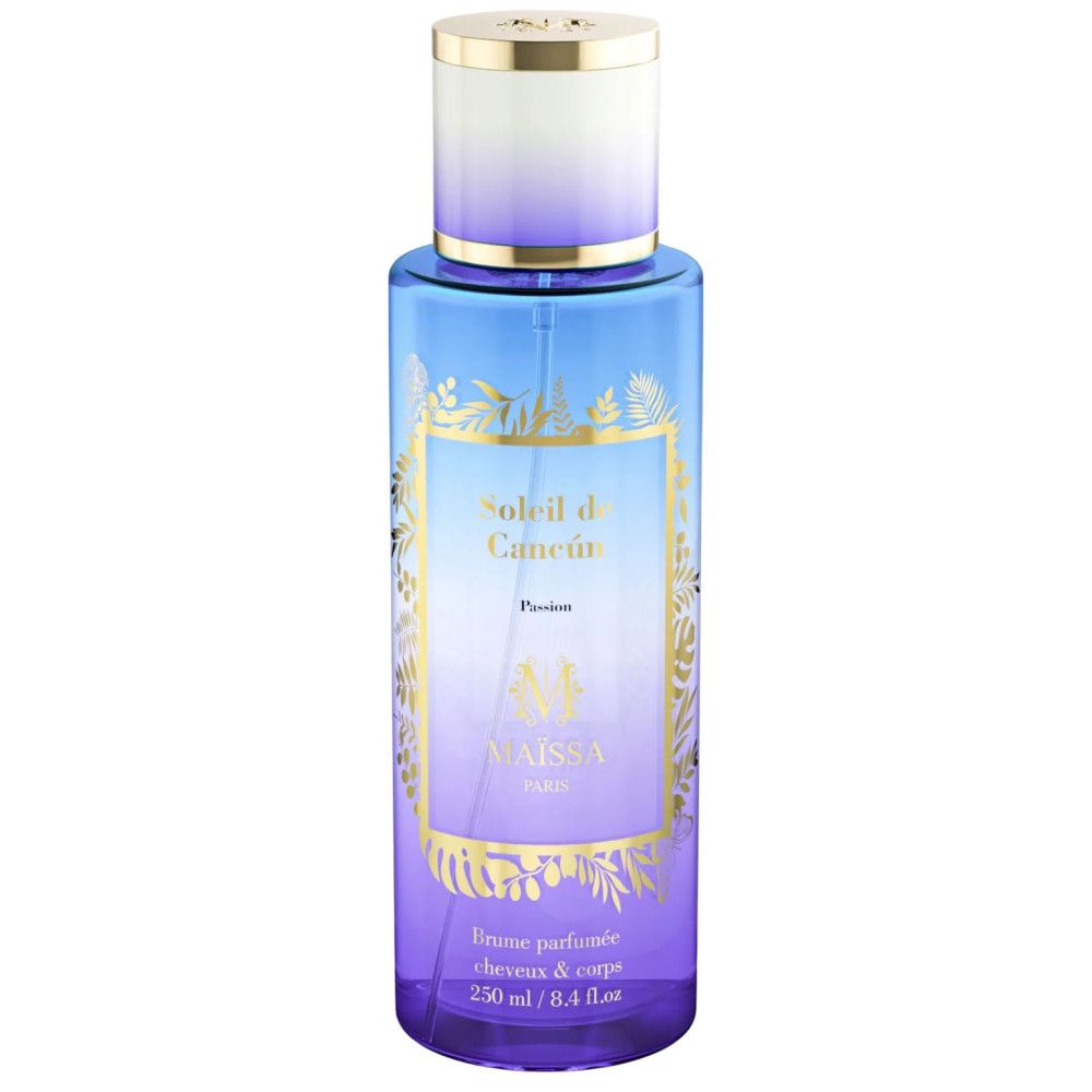 Flacon bleu-violet avec impression dorée. Texte: Soleil de Cancun, Passion, Maison Maïssa Paris. Brume parfumée cheveux & corps.