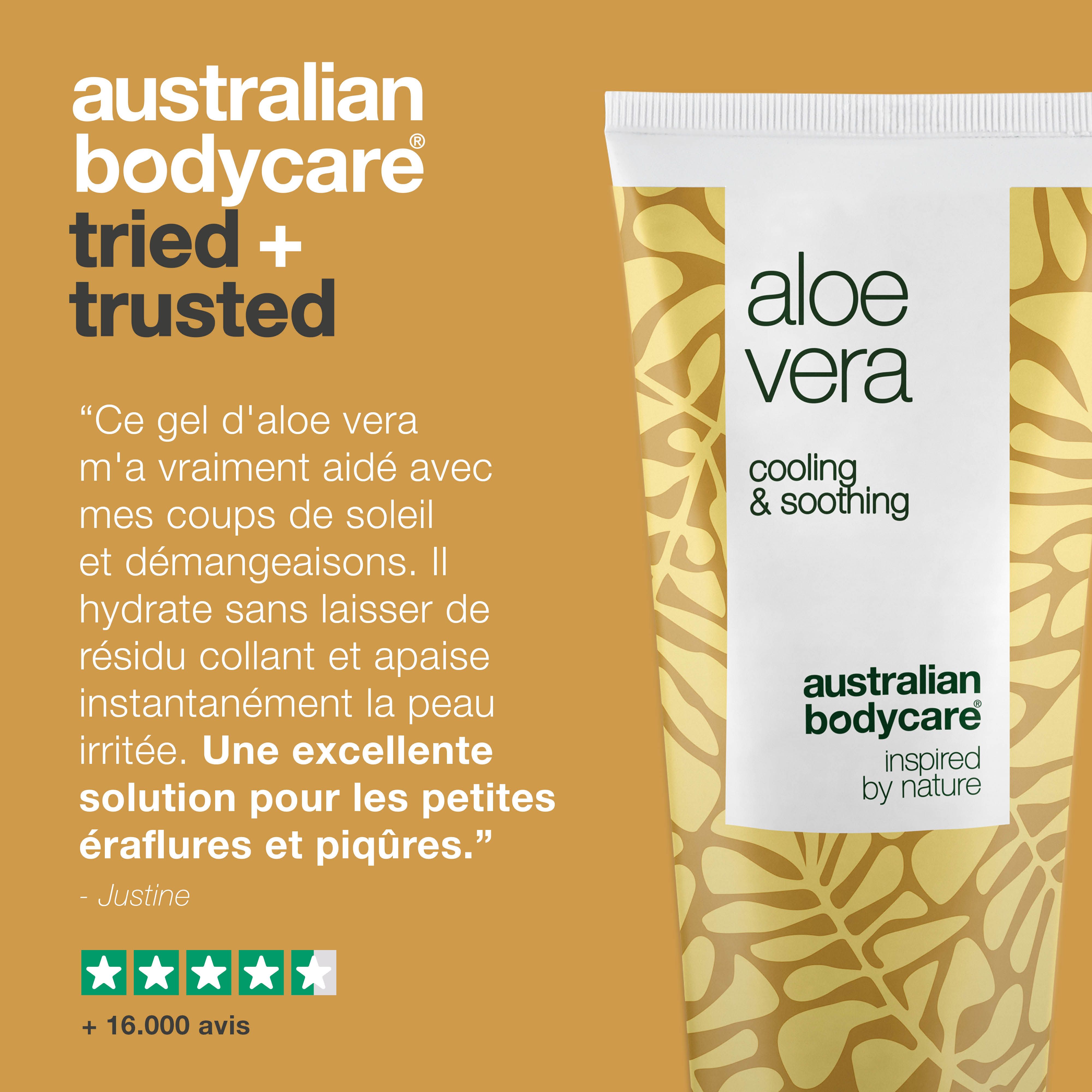 Gel d'aloe vera, texte : cooling & soothing, Australian Bodycare. Citation : aide aux coups de soleil.