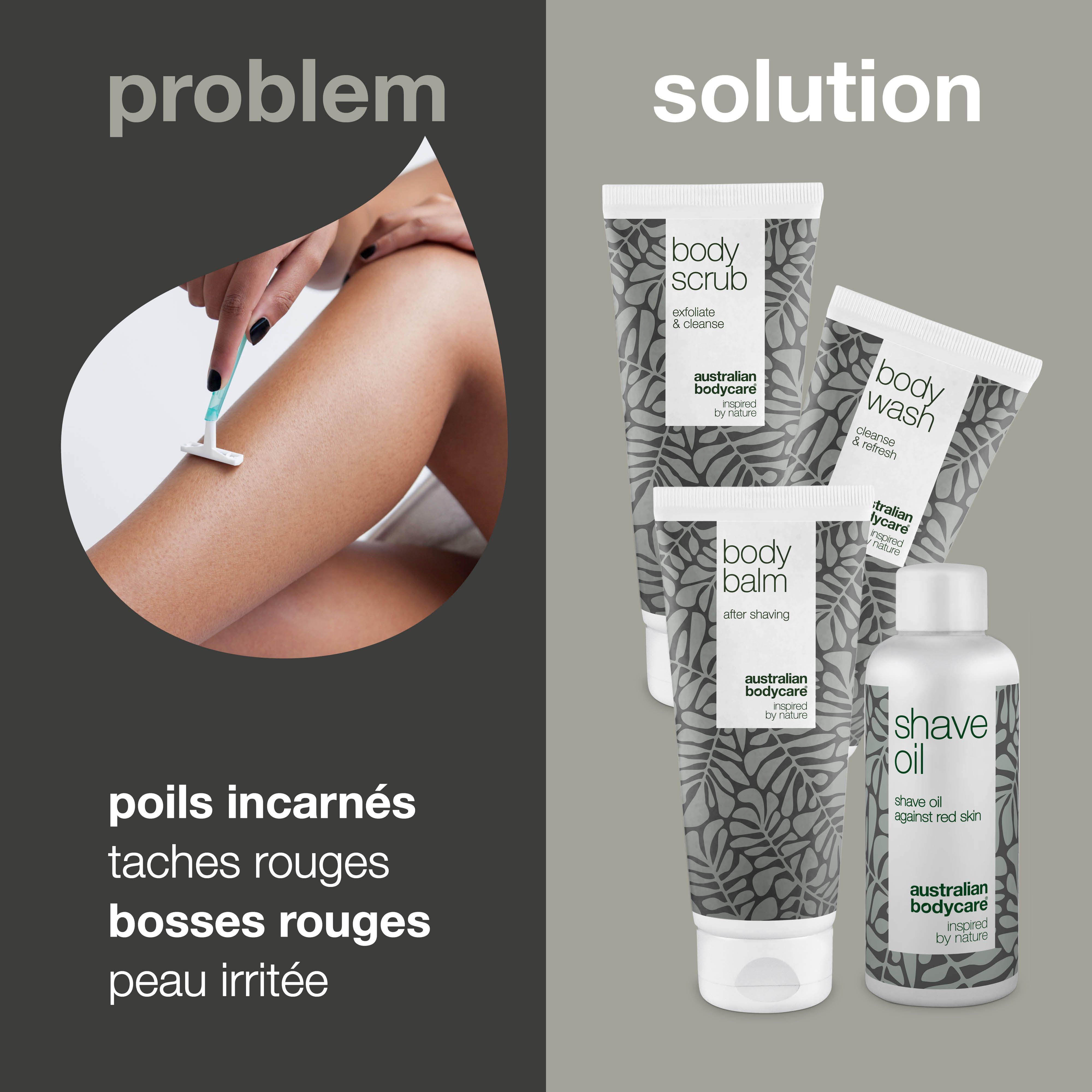 Jambe avec rasoir. À côté, produits : Body Scrub, Body Wash, Body Balm et Shave Oil. Texte : poils incarnés, taches rouges, bosses rouges, peau irritée.