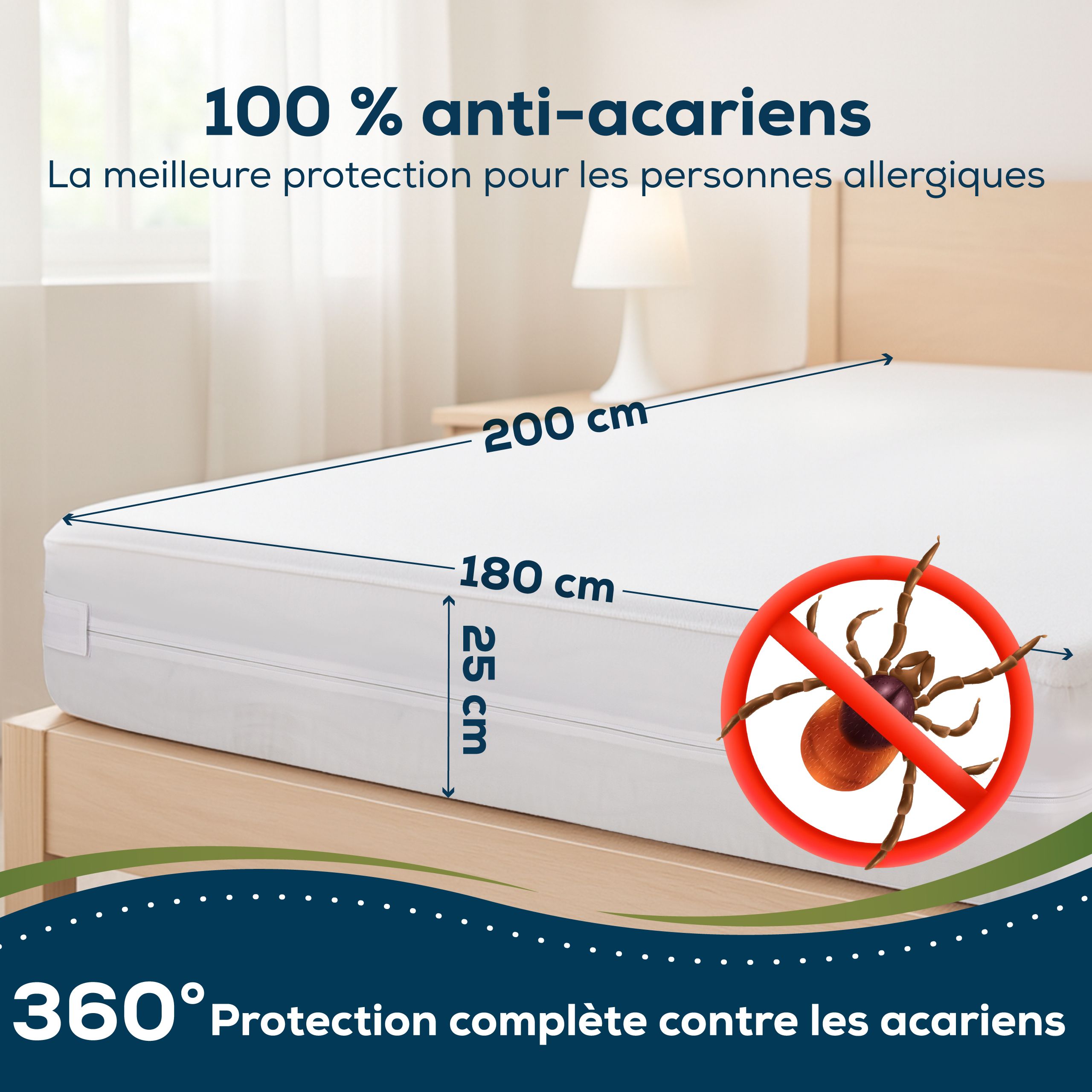 Protège-matelas blanc de dimensions 200x180x25 cm, 100% anti-acariens.
