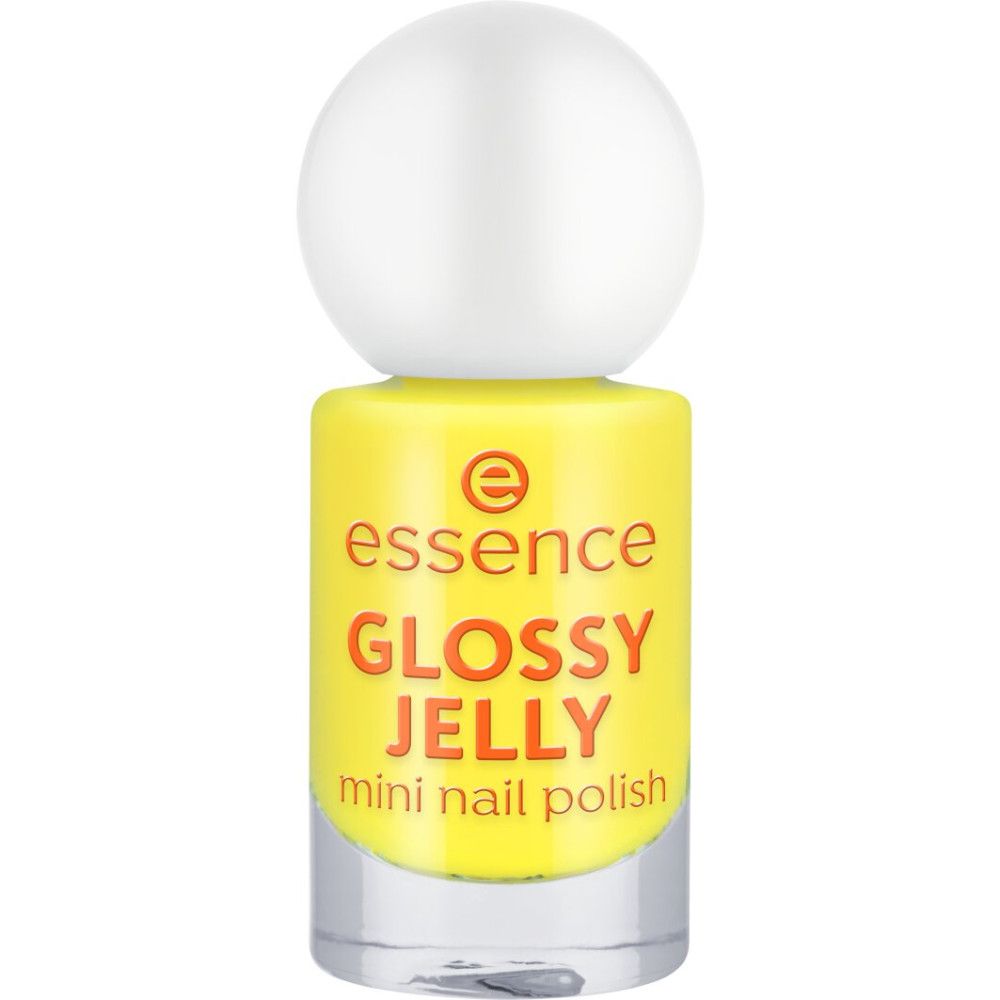 Gele nagellakfles met witte dop. Opschrift: Essence, GLOSSY JELLY, mini nail polish.