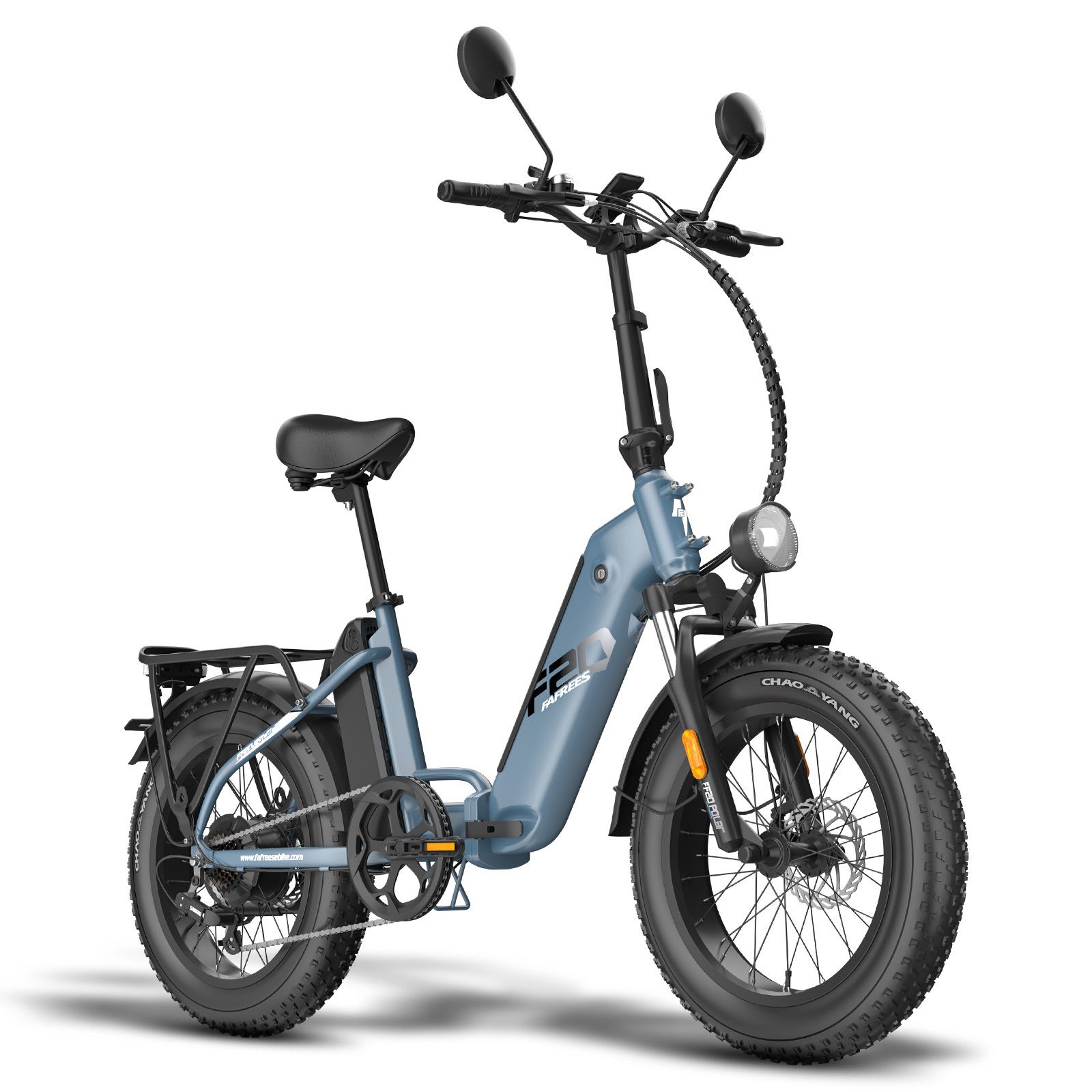 Vélo électrique bleu Fafrees FF20 Polar avec double batterie. Pneus, selle et porte-bagages noirs. Phare avant.