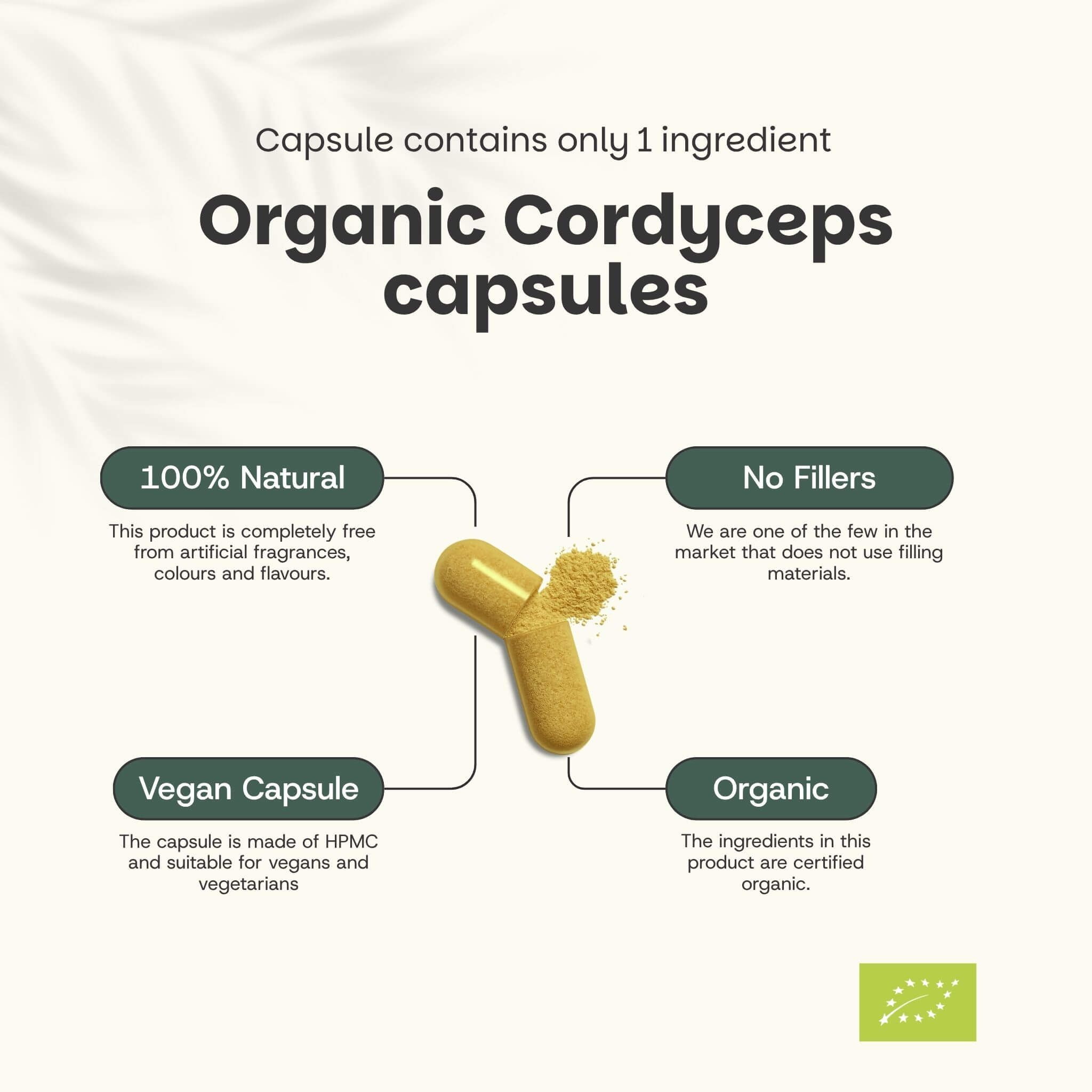 Gélules de Cordyceps organiques. Texte : 100% naturel, sans charges, gélule végétalienne, biologique. Gélule jaune avec poudre.