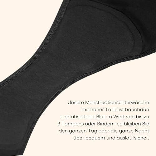 Gros plan sur la culotte menstruelle noire. Montre la zone absorbante. Taille haute.