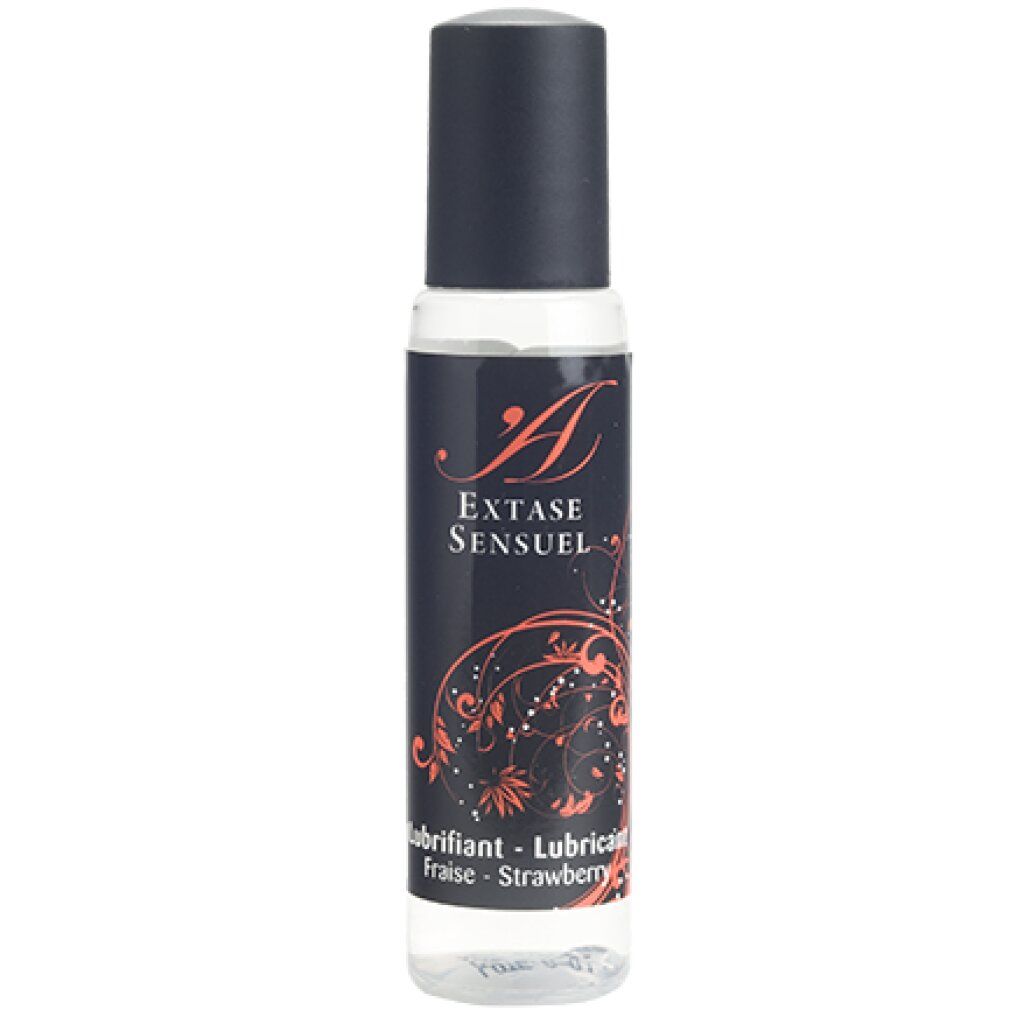 Cilindrische fles met zwarte dop. Opschrift: Extase Sensuel, Lubricant Fraise-Strawberry.