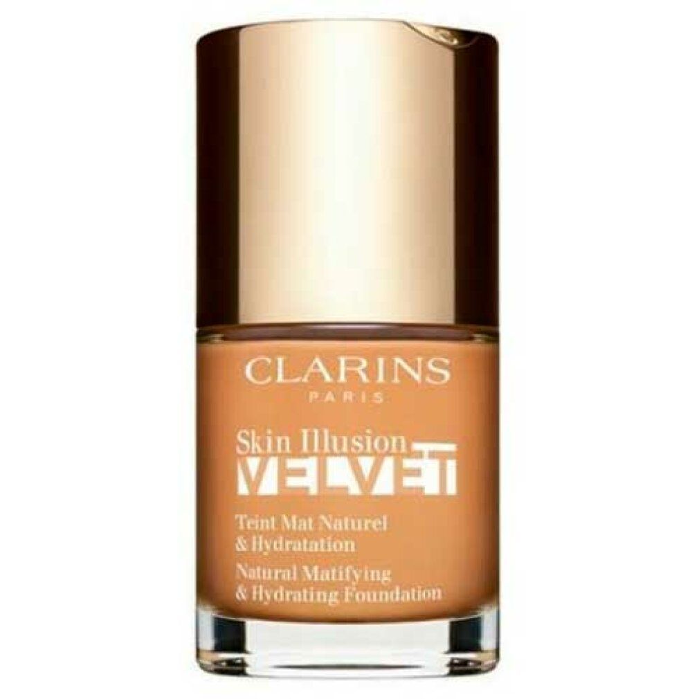Clarins Skin Illusion Velvet foundationflesje met gouden dop. Natuurlijke matterende en hydraterende foundation.