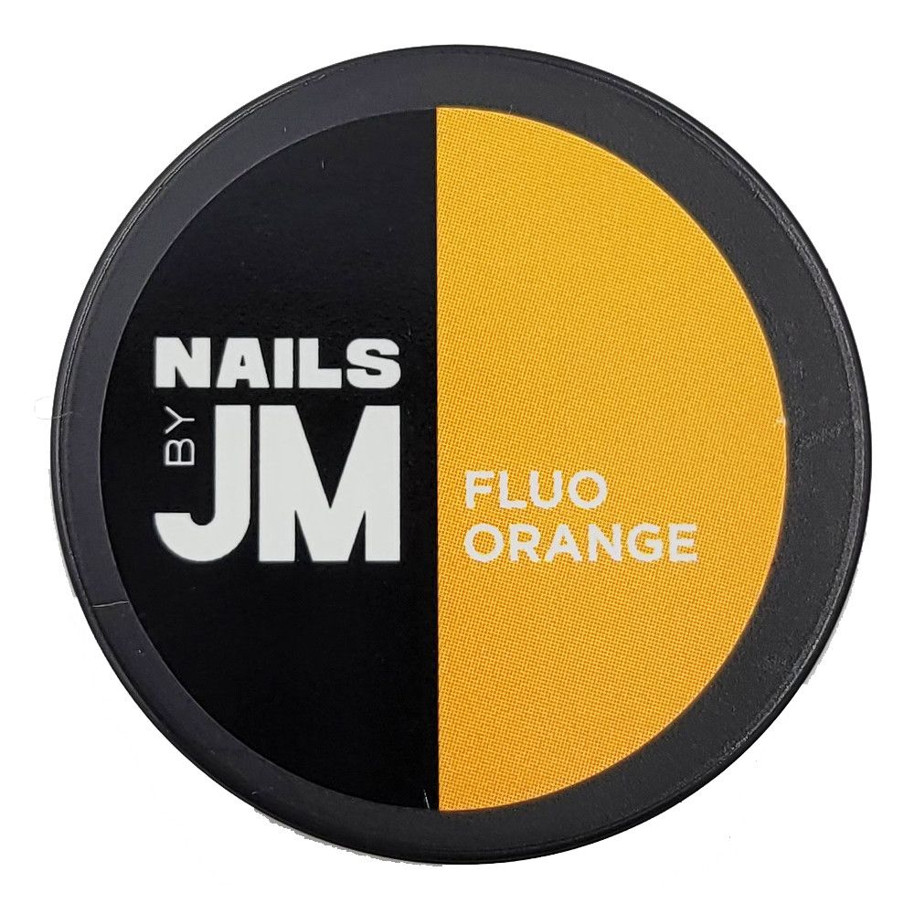 Contenant rond divisé en noir et orange. Le côté noir porte l'inscription "NAILS BY JM". Le côté orange porte l'inscription "FLUO ORANGE".