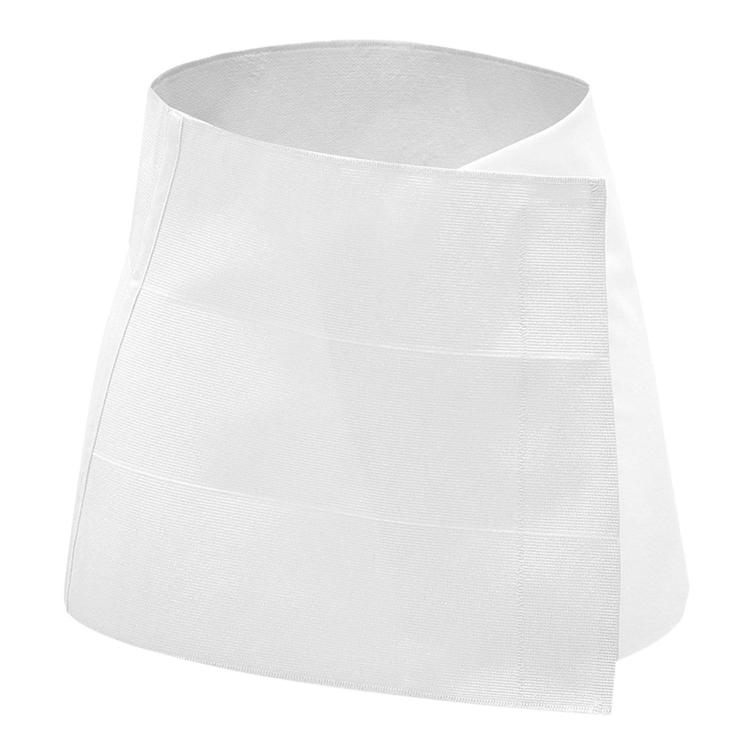 Witte bamboe buikband. Open vorm met drie horizontale naden. Stof overlapt elkaar.